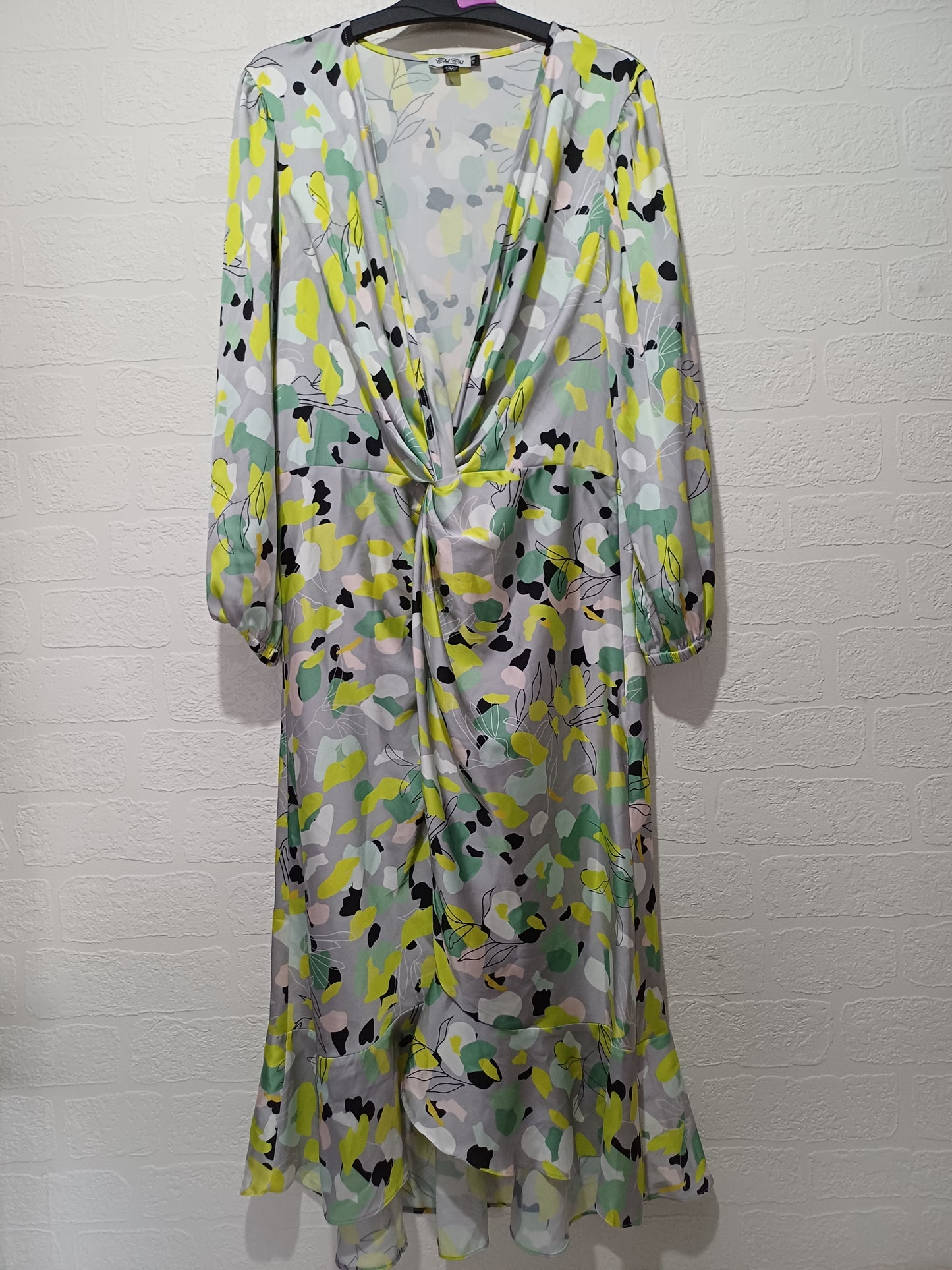 Chi Chi London Grey Green Yellow Abstract Print Twist Front Midi Dress Size 12 17" PTP - Very Good Condition