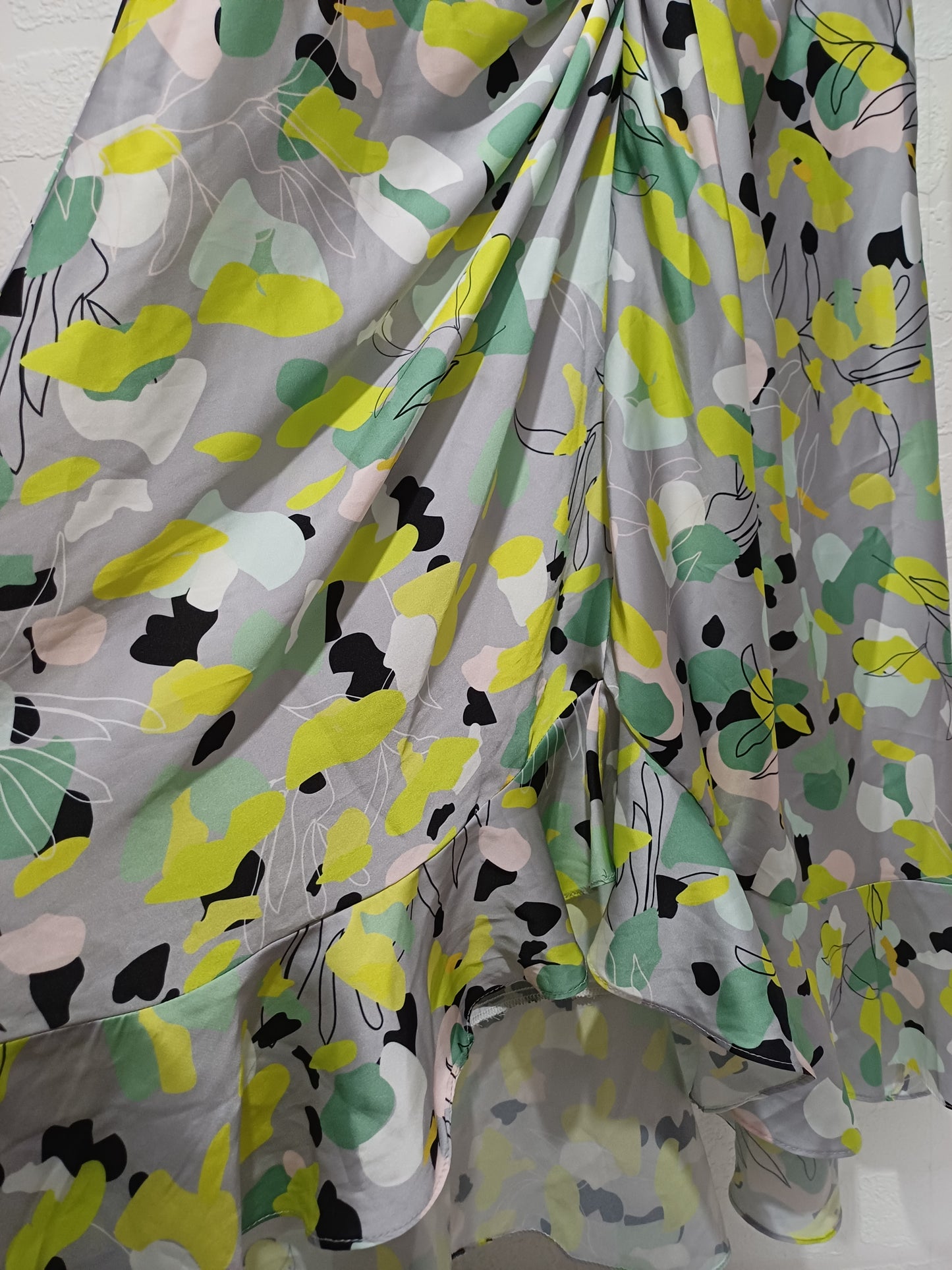 Chi Chi London Grey Green Yellow Abstract Print Twist Front Midi Dress Size 12 17" PTP - Very Good Condition