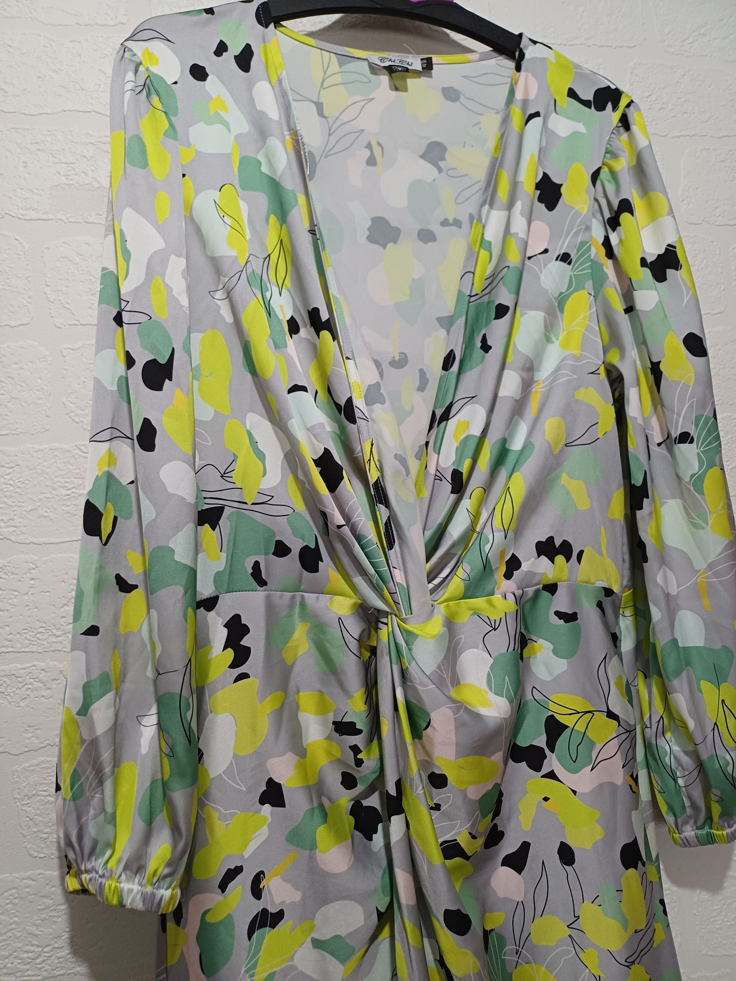 Chi Chi London Grey Green Yellow Abstract Print Twist Front Midi Dress Size 12 17" PTP - Very Good Condition