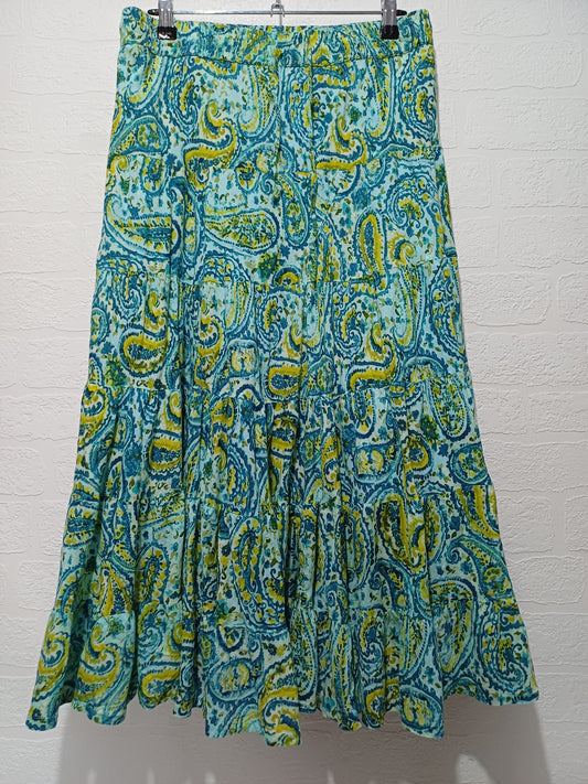 Cerulean by Blue Diamond Turquoise and Green Paisley Midi Skirt Size 12 - Very Good Condition