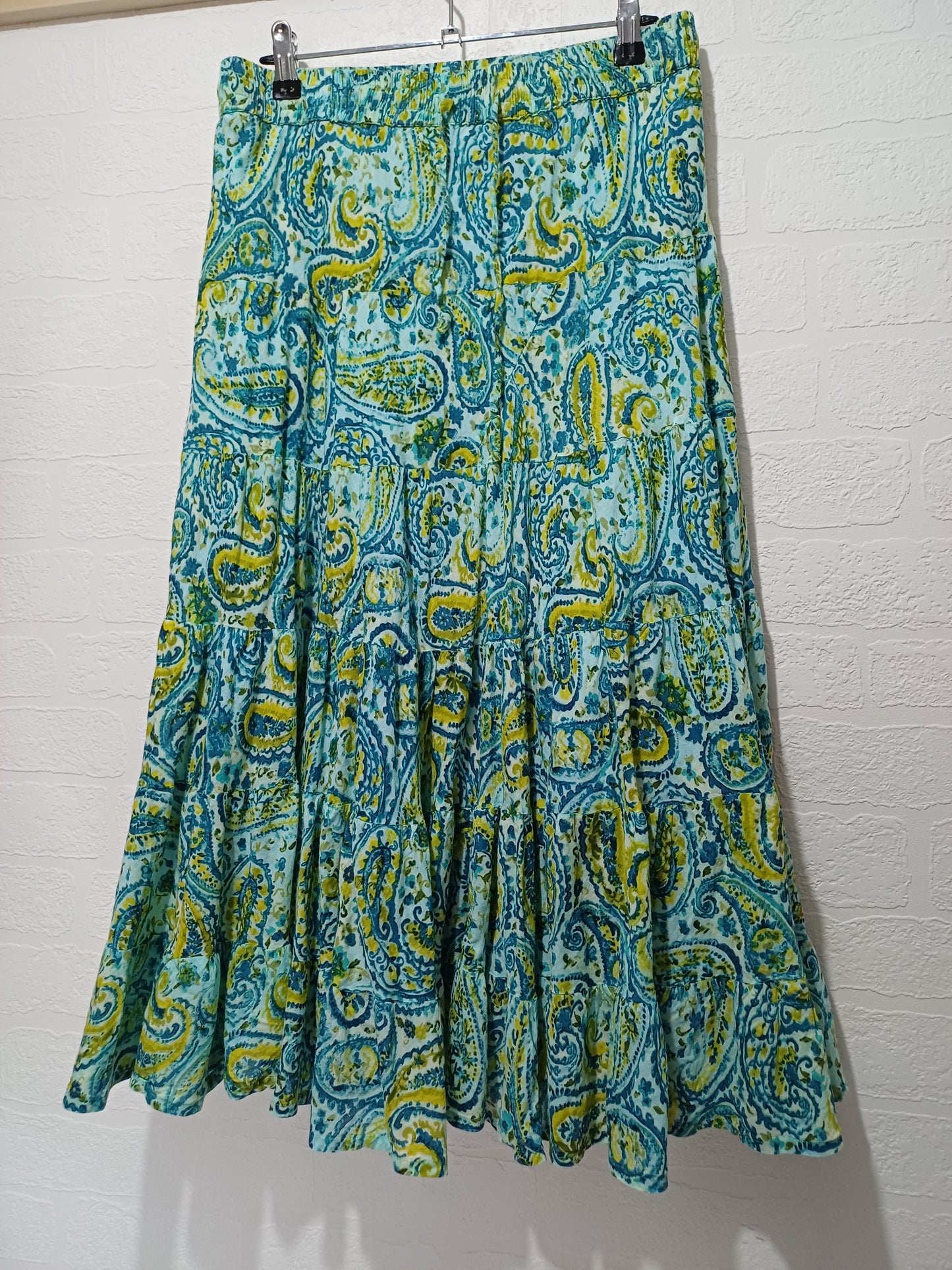 Cerulean by Blue Diamond Turquoise and Green Paisley Midi Skirt Size 12 - Very Good Condition