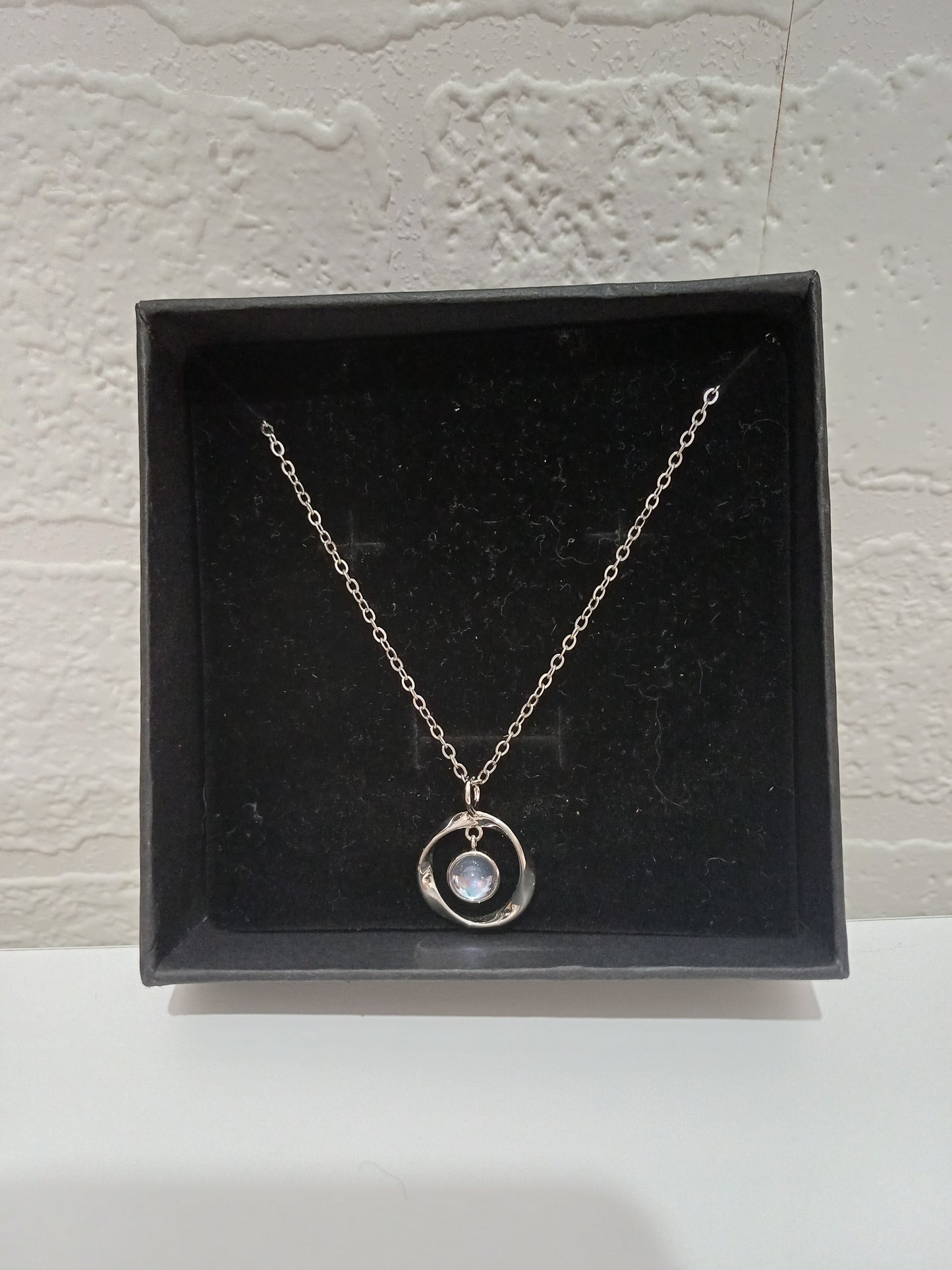Silver Tone Circle Pendant Crystal Drop Charm Necklace 22cm Minimalist - Very Good Condition