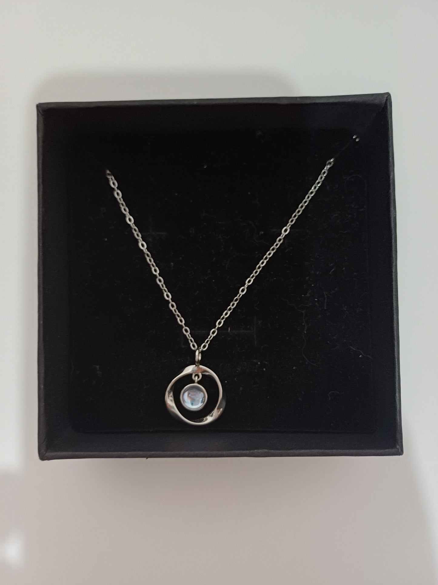 Silver Tone Circle Pendant Crystal Drop Charm Necklace 22cm Minimalist - Very Good Condition