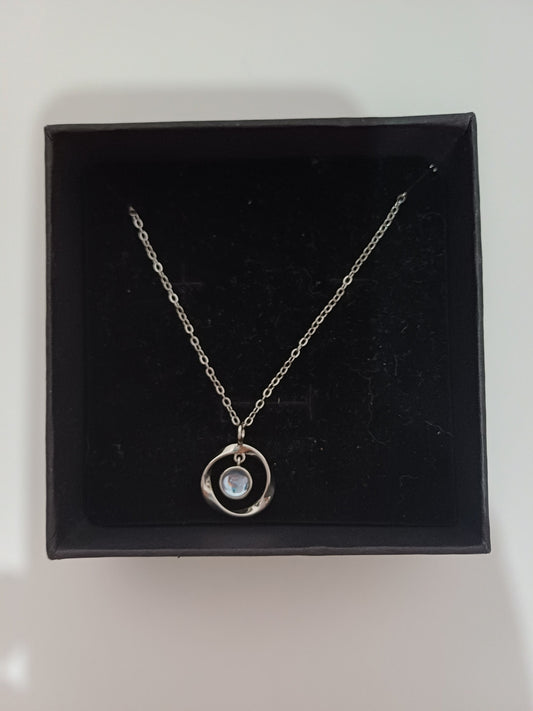 Silver Tone Circle Pendant Crystal Drop Charm Necklace 22cm Minimalist - Very Good Condition