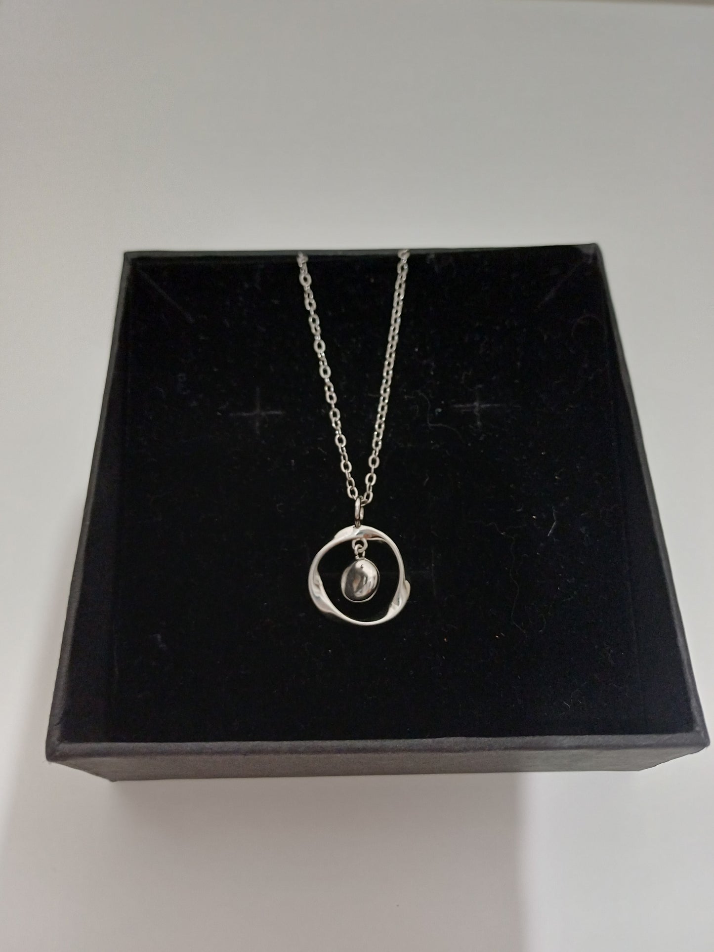Silver Tone Circle Pendant Crystal Drop Charm Necklace 22cm Minimalist - Very Good Condition