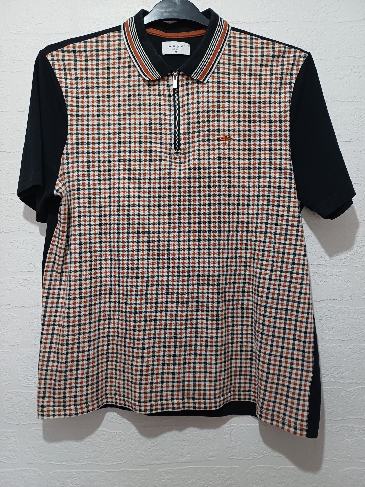 Easy Black Brown Check Quarter Zip Polo Neck T-Shirt Medium 21" PTP - Very Good Condition