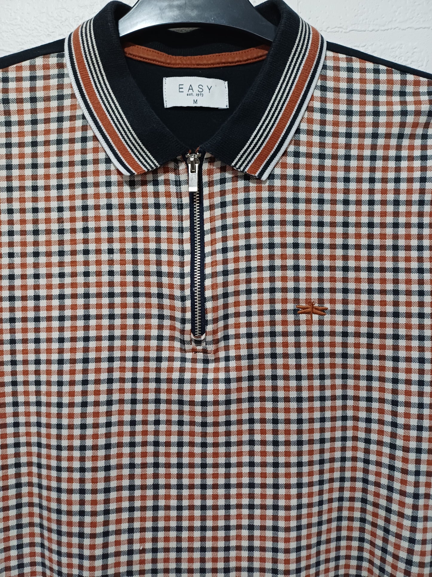 Easy Black Brown Check Quarter Zip Polo Neck T-Shirt Medium 21" PTP - Very Good Condition
