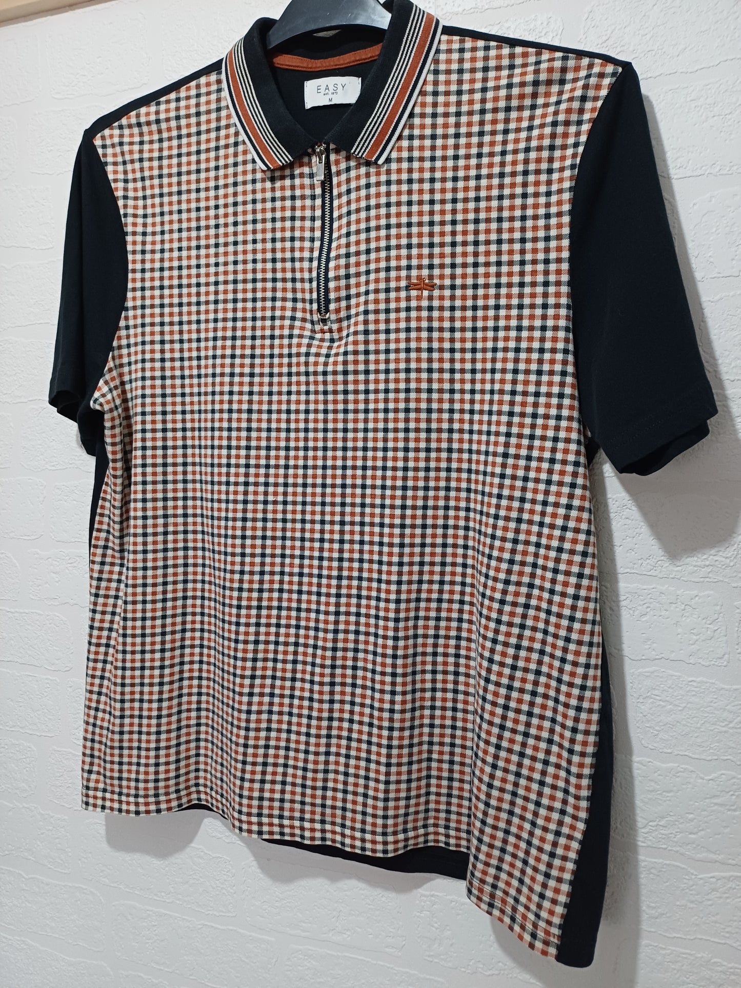 Easy Black Brown Check Quarter Zip Polo Neck T-Shirt Medium 21" PTP - Very Good Condition