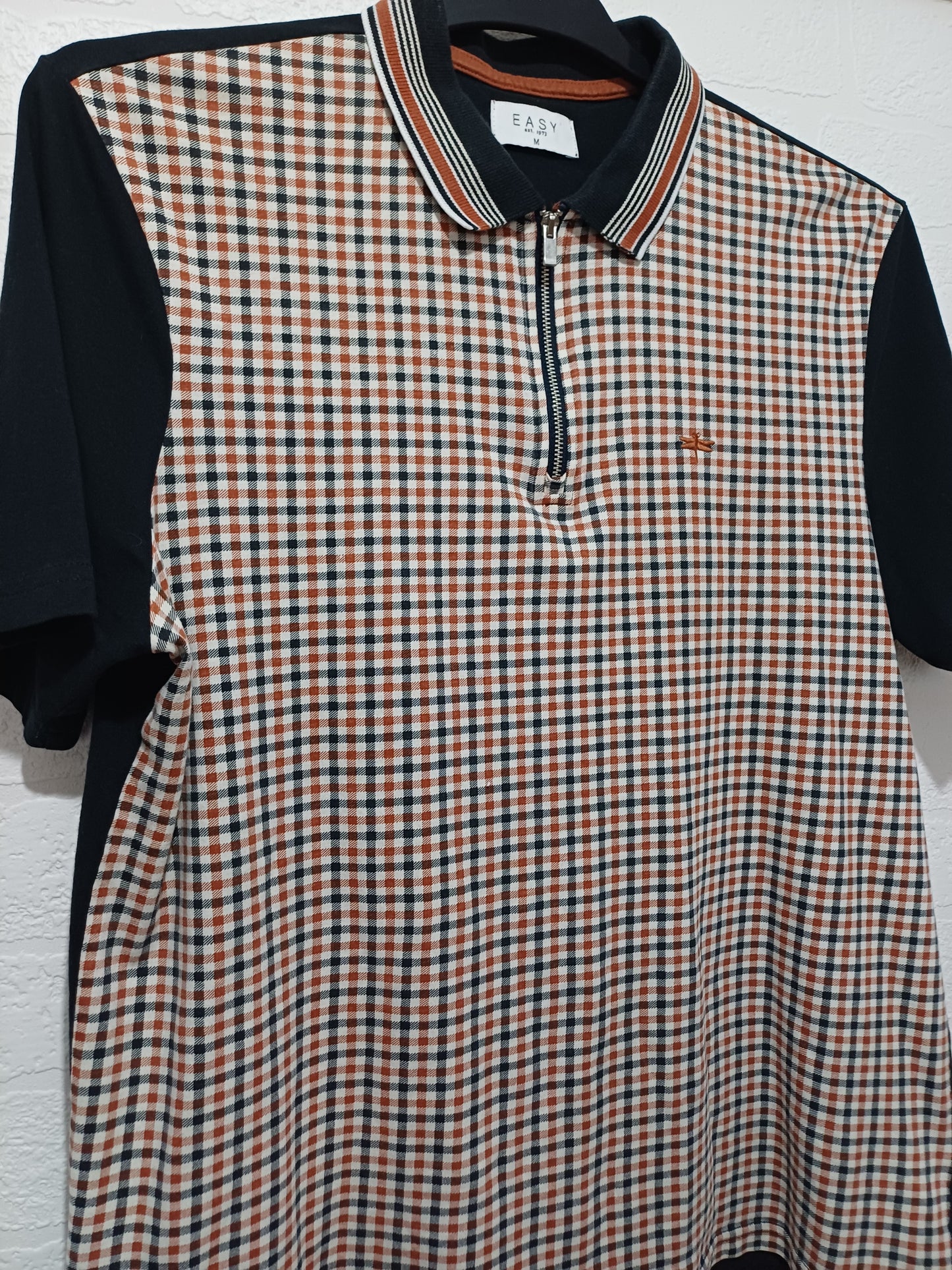 Easy Black Brown Check Quarter Zip Polo Neck T-Shirt Medium 21" PTP - Very Good Condition