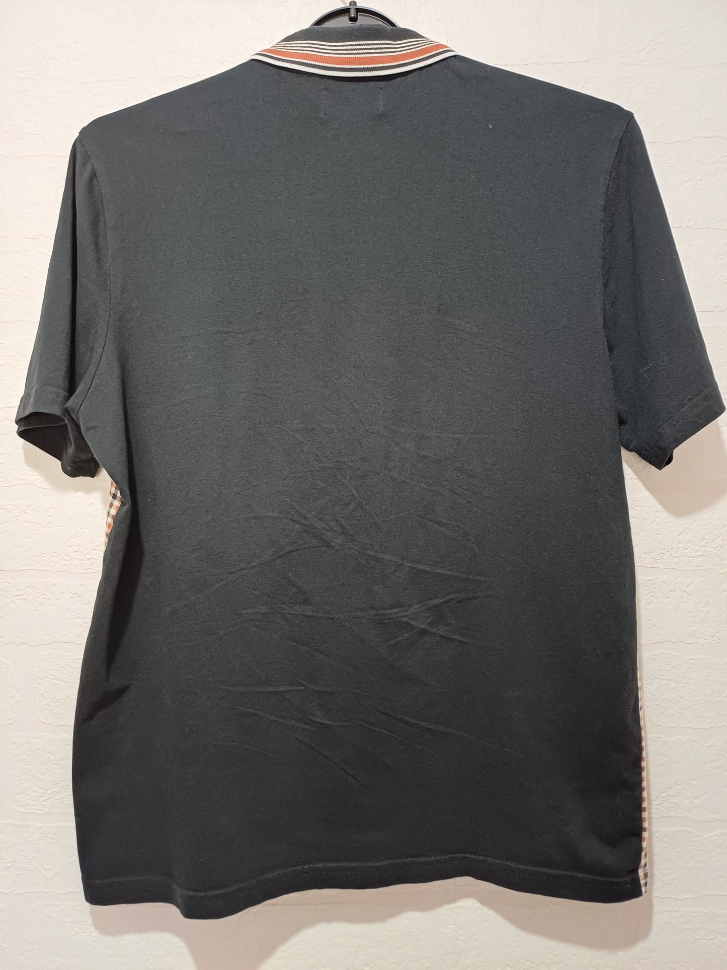 Easy Black Brown Check Quarter Zip Polo Neck T-Shirt Medium 21" PTP - Very Good Condition