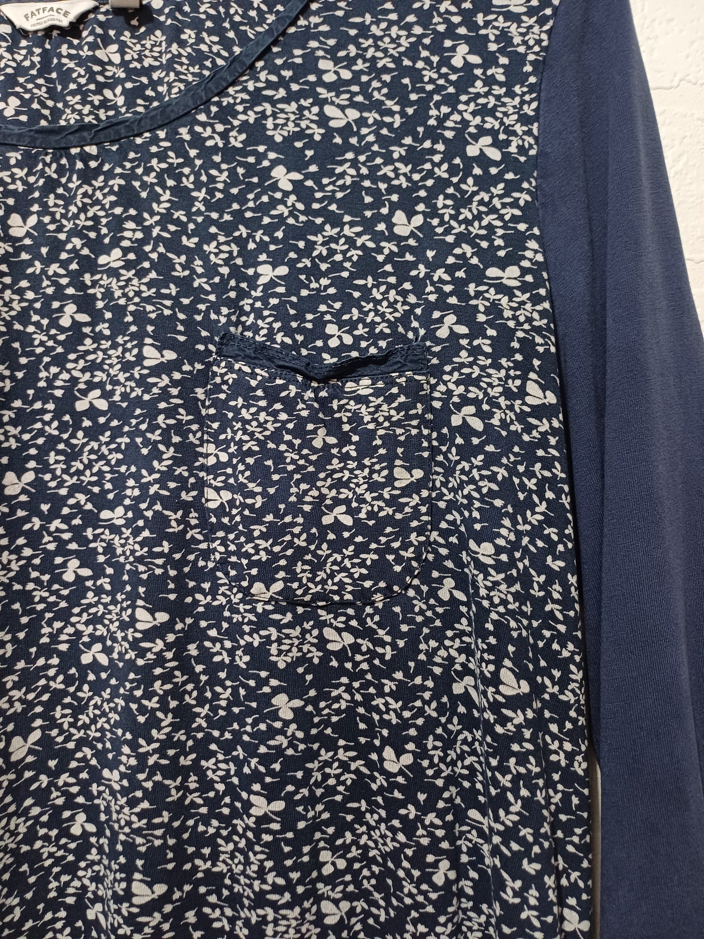 Fat Face Blue Floral Print Top 3/4 Sleeves Size 16 22" PTP - Good Condition