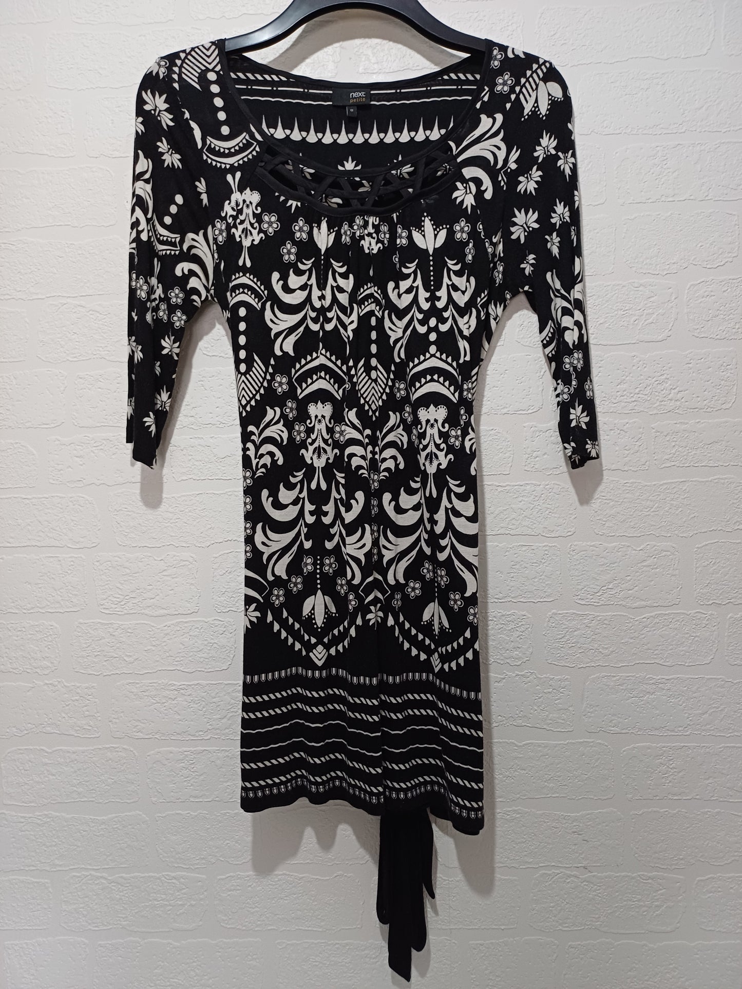 Next Black White Tribal Print Tunic Dress Size 12 17" PTP - Good Condition