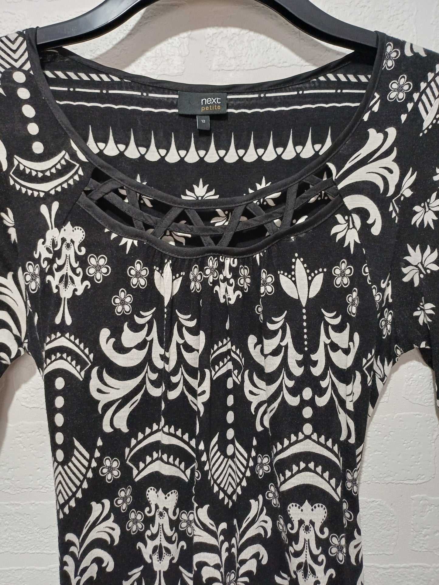 Next Black White Tribal Print Tunic Dress Size 12 17" PTP - Good Condition
