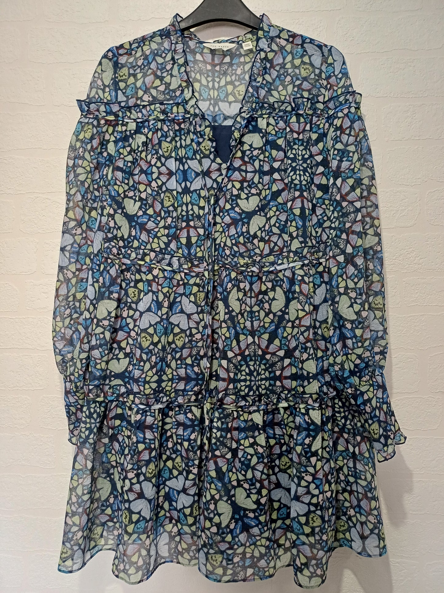 Ted Baker Dalyla Blue Butterfly Print Chiffon Mini Dress Size 1 Approx. 19" PTP - Very Good Condition