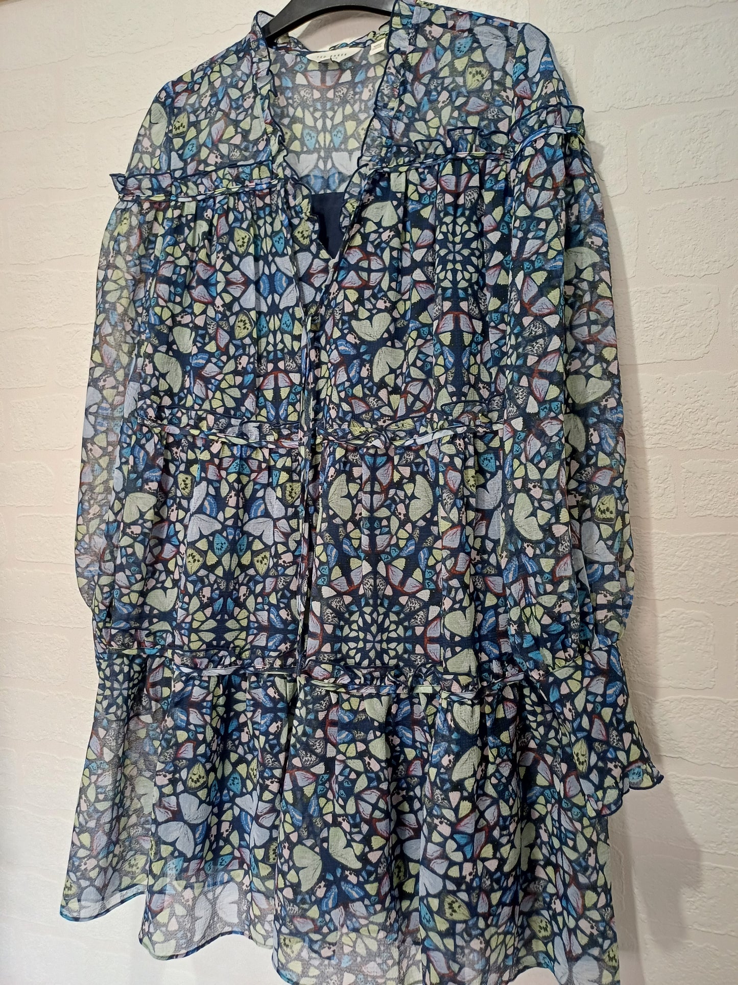 Ted Baker Dalyla Blue Butterfly Print Chiffon Mini Dress Size 1 Approx. 19" PTP - Very Good Condition