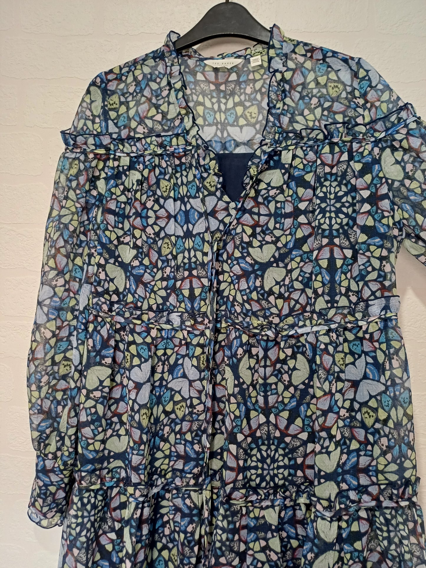 Ted Baker Dalyla Blue Butterfly Print Chiffon Mini Dress Size 1 Approx. 19" PTP - Very Good Condition