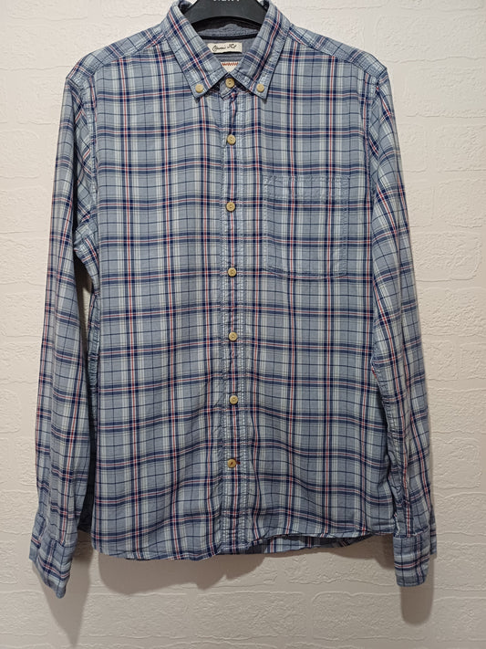 Men's Shirt Blue Check Classic Fit Long Sleeve Small Approx. 20" PTP - Very Good Condition