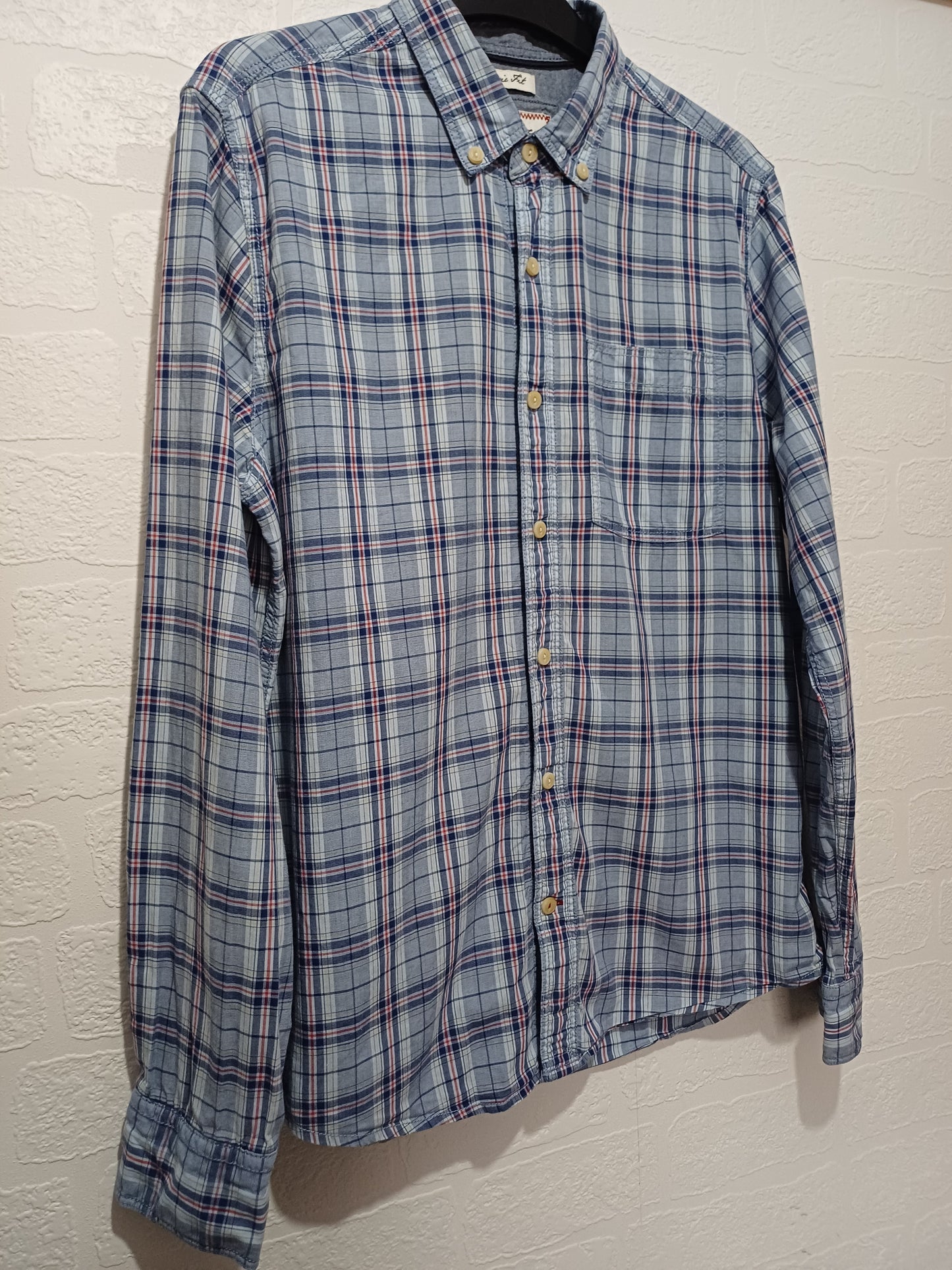 Men's Shirt Blue Check Classic Fit Long Sleeve Small Approx. 20" PTP - Very Good Condition