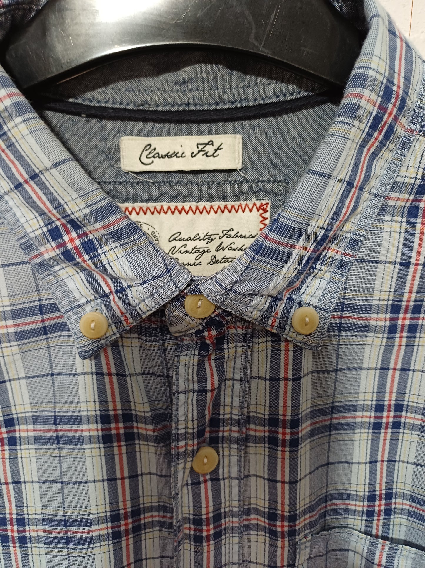 Men's Shirt Blue Check Classic Fit Long Sleeve Small Approx. 20" PTP - Very Good Condition