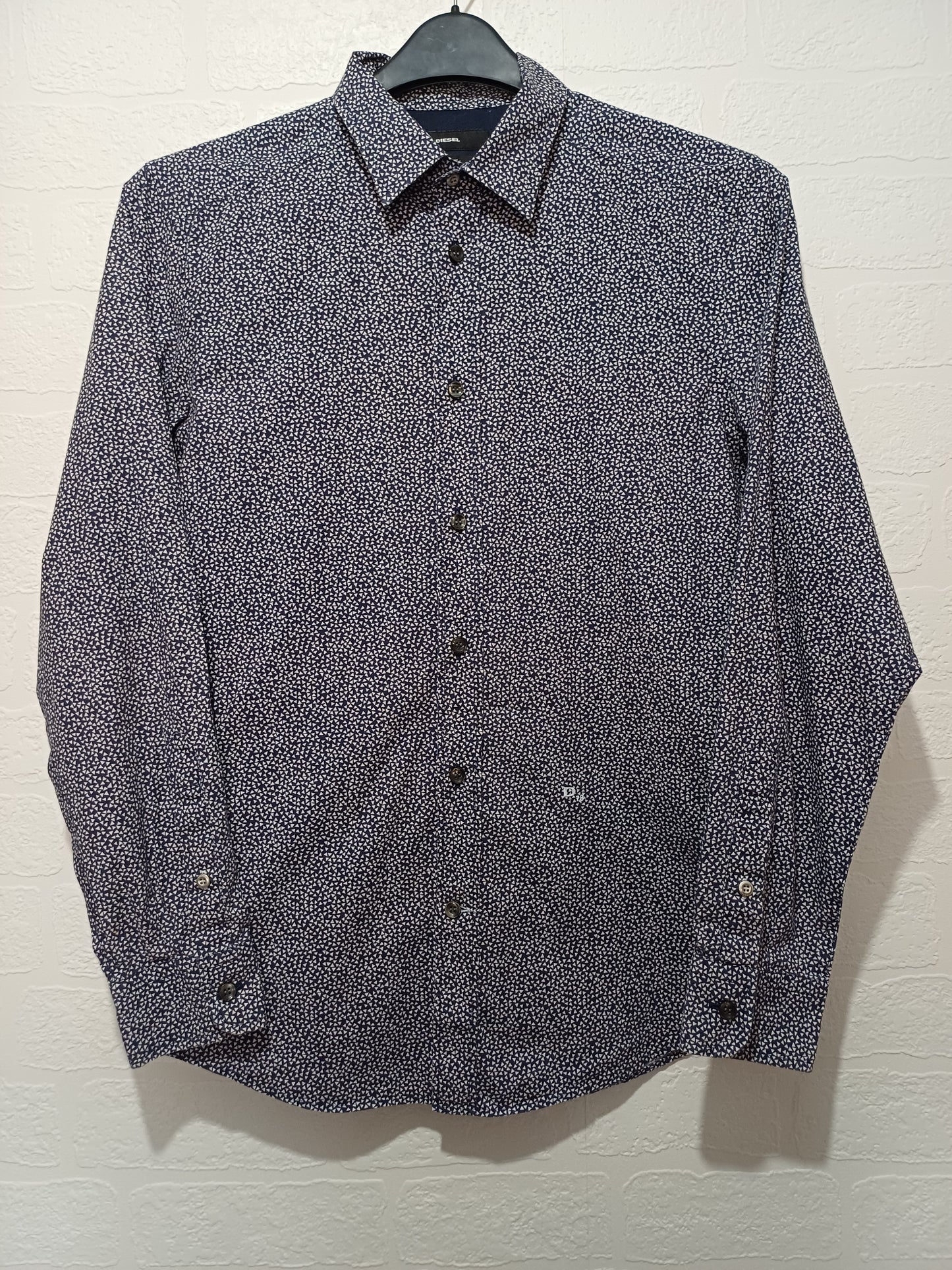 Men's Shirt Diesel Navy Blue & White Geometric Slim Fit Approx. Medium Approx. 19" PTP - Very Good Condition