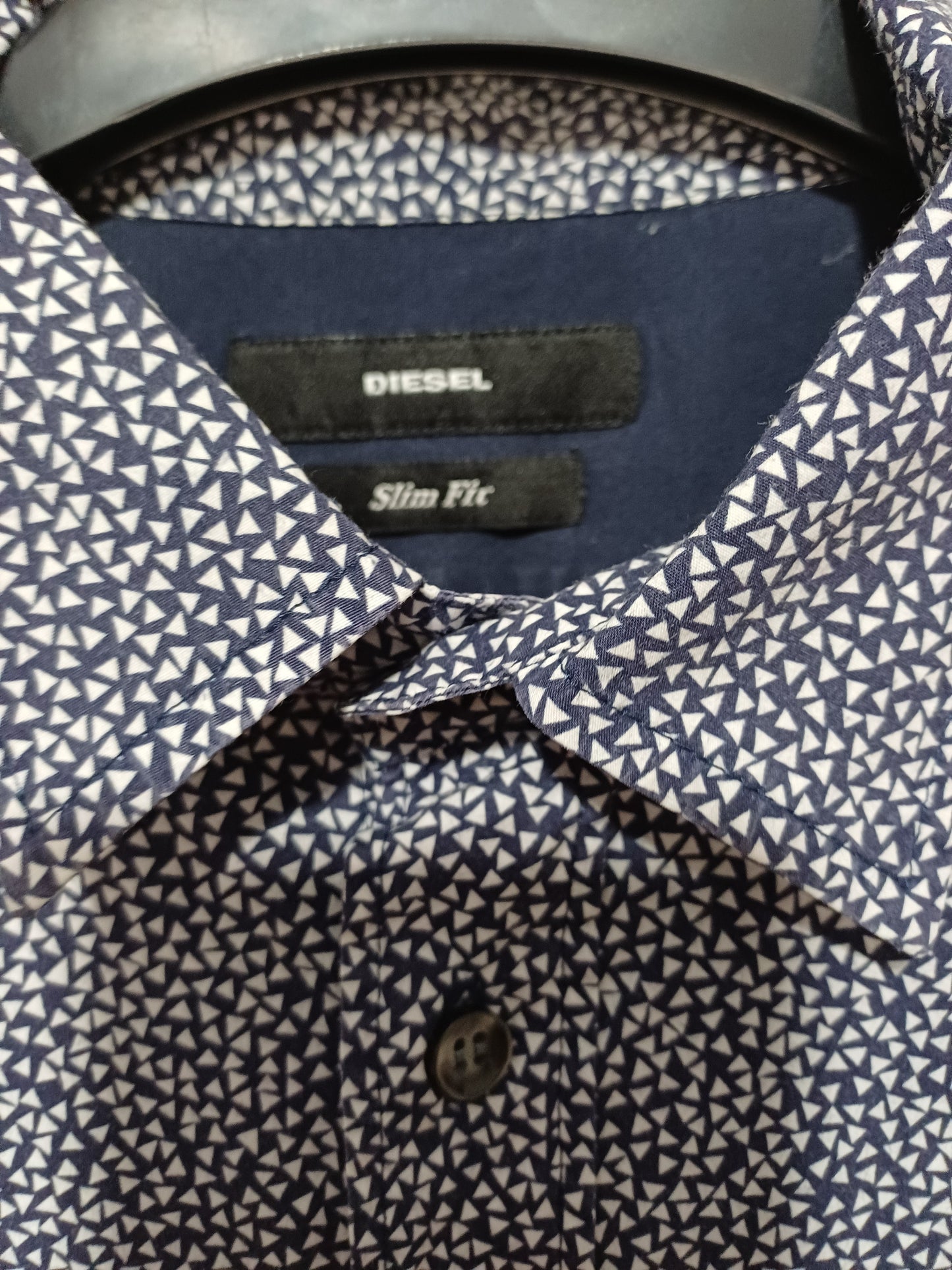 Men's Shirt Diesel Navy Blue & White Geometric Slim Fit Approx. Medium Approx. 19" PTP - Very Good Condition