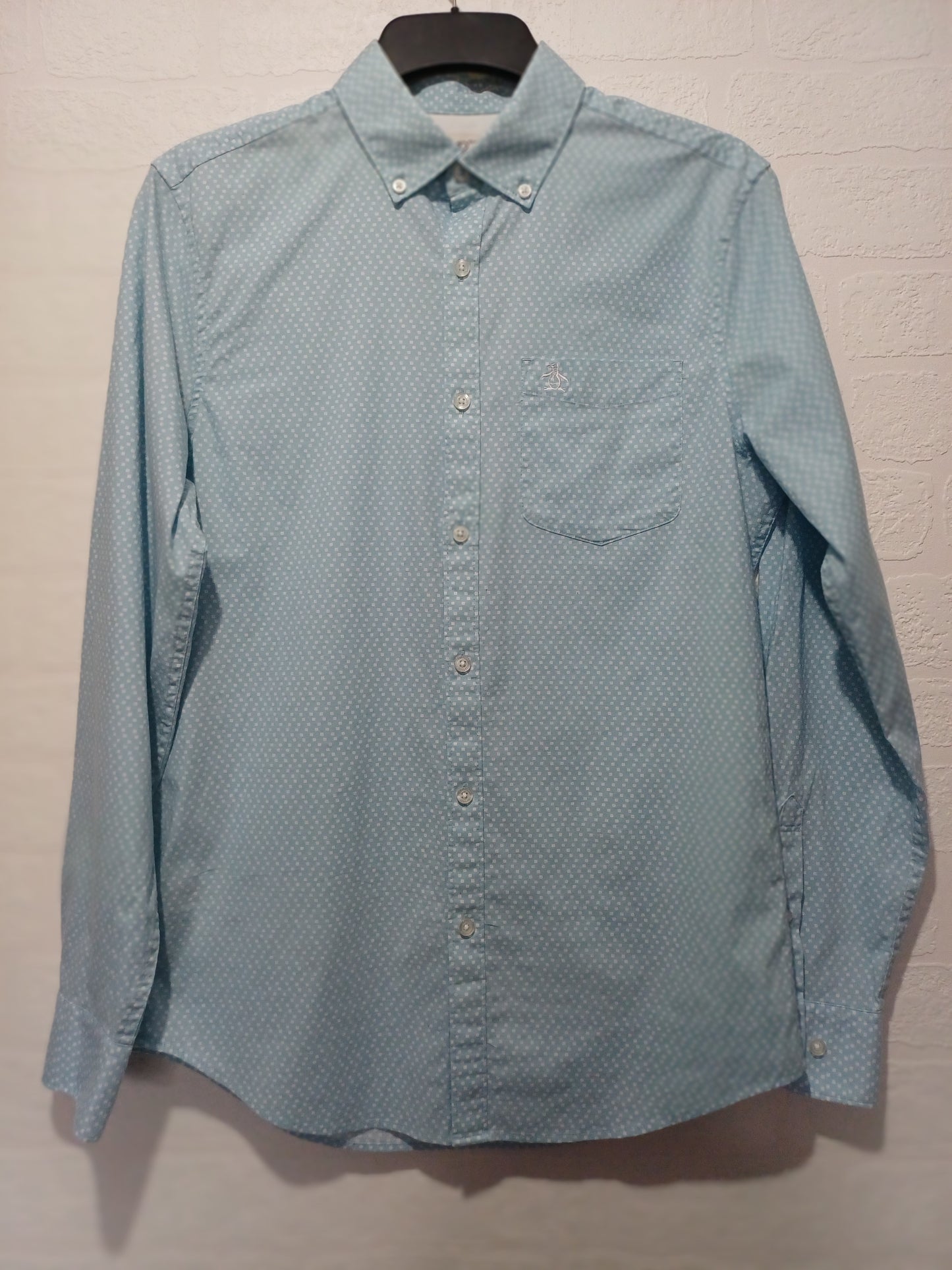 Men's Shirt Original Penguin Blue Patterned Long Sleeve Small Approx. 20" PTP - Very Good Condition
