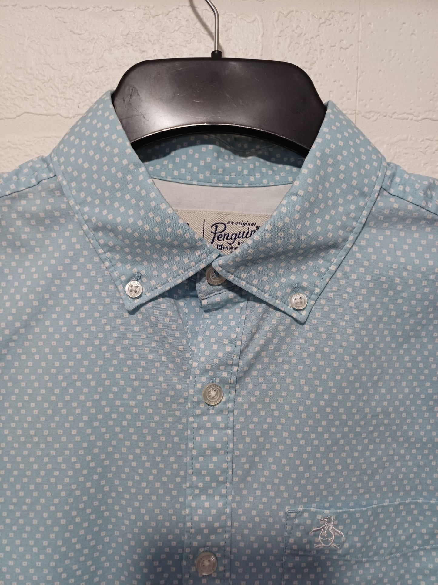 Men's Shirt Original Penguin Blue Patterned Long Sleeve Small Approx. 20" PTP - Very Good Condition