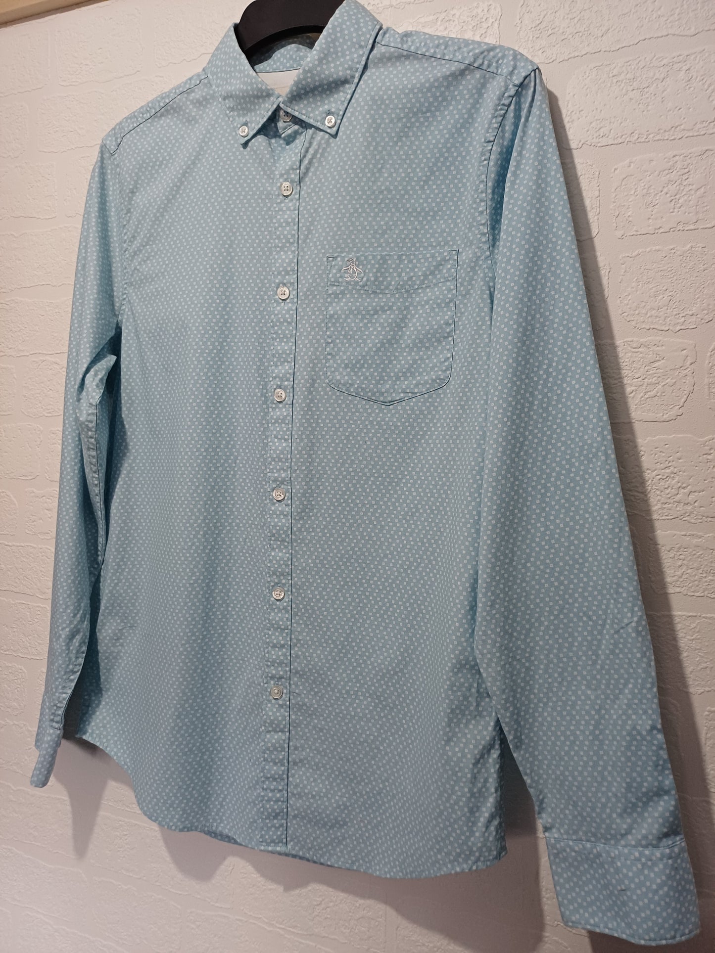 Men's Shirt Original Penguin Blue Patterned Long Sleeve Small Approx. 20" PTP - Very Good Condition