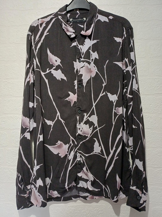 Men's Shirt AllSaints Black Floral Print Medium Approx. 21" PTP - Good Condition