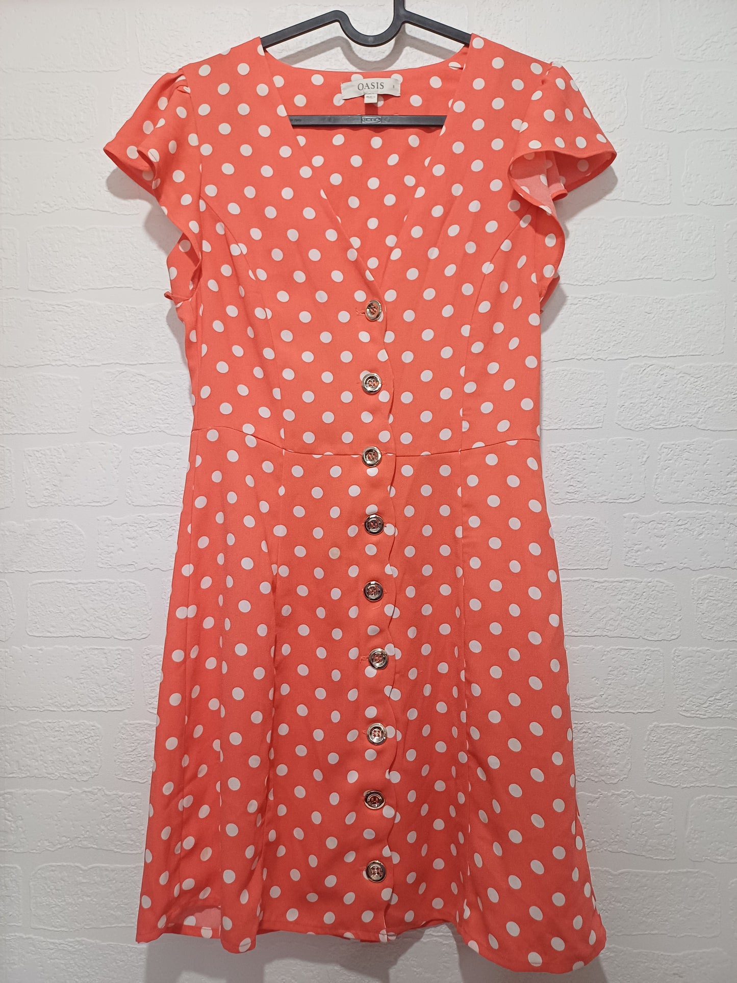 Women's Dress Oasis Orange White Polka Dot Size 8 Approx. 15" PTP - Very Good Condition