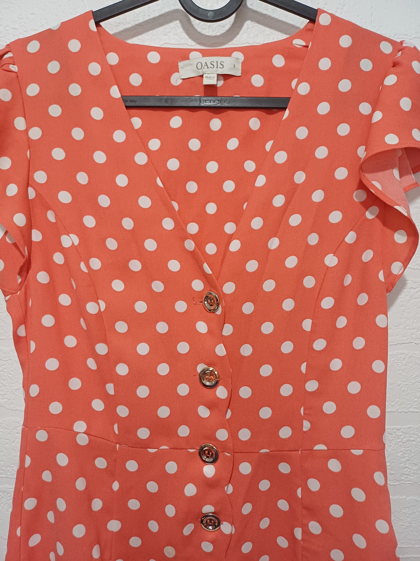Women's Dress Oasis Orange White Polka Dot Size 8 Approx. 15" PTP - Very Good Condition