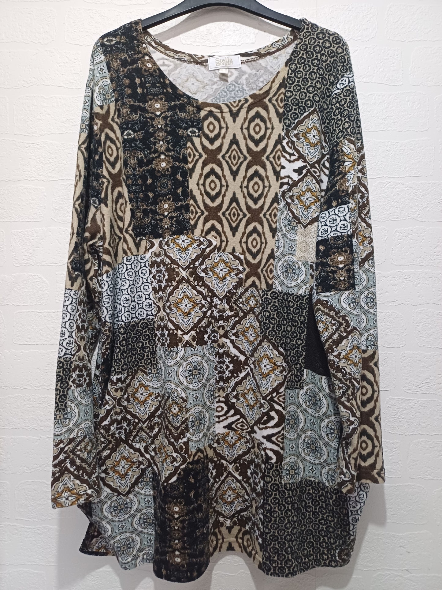 Women's Tunic Top Stella Morgan Brown Beige Patchwork Print Size XL Approx. 22" PTP - Very Good Condition