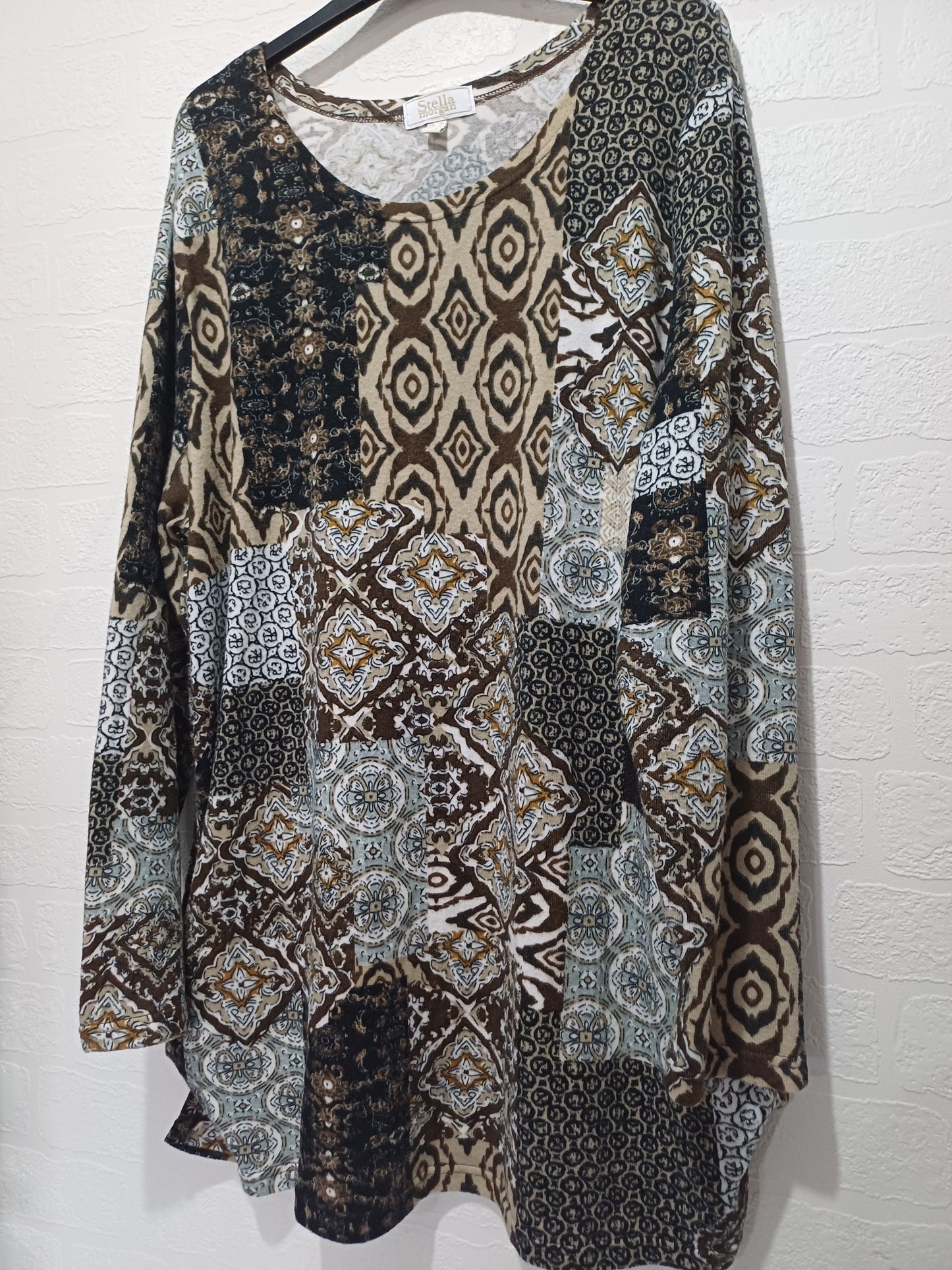 Women's Tunic Top Stella Morgan Brown Beige Patchwork Print Size XL Approx. 22" PTP - Very Good Condition