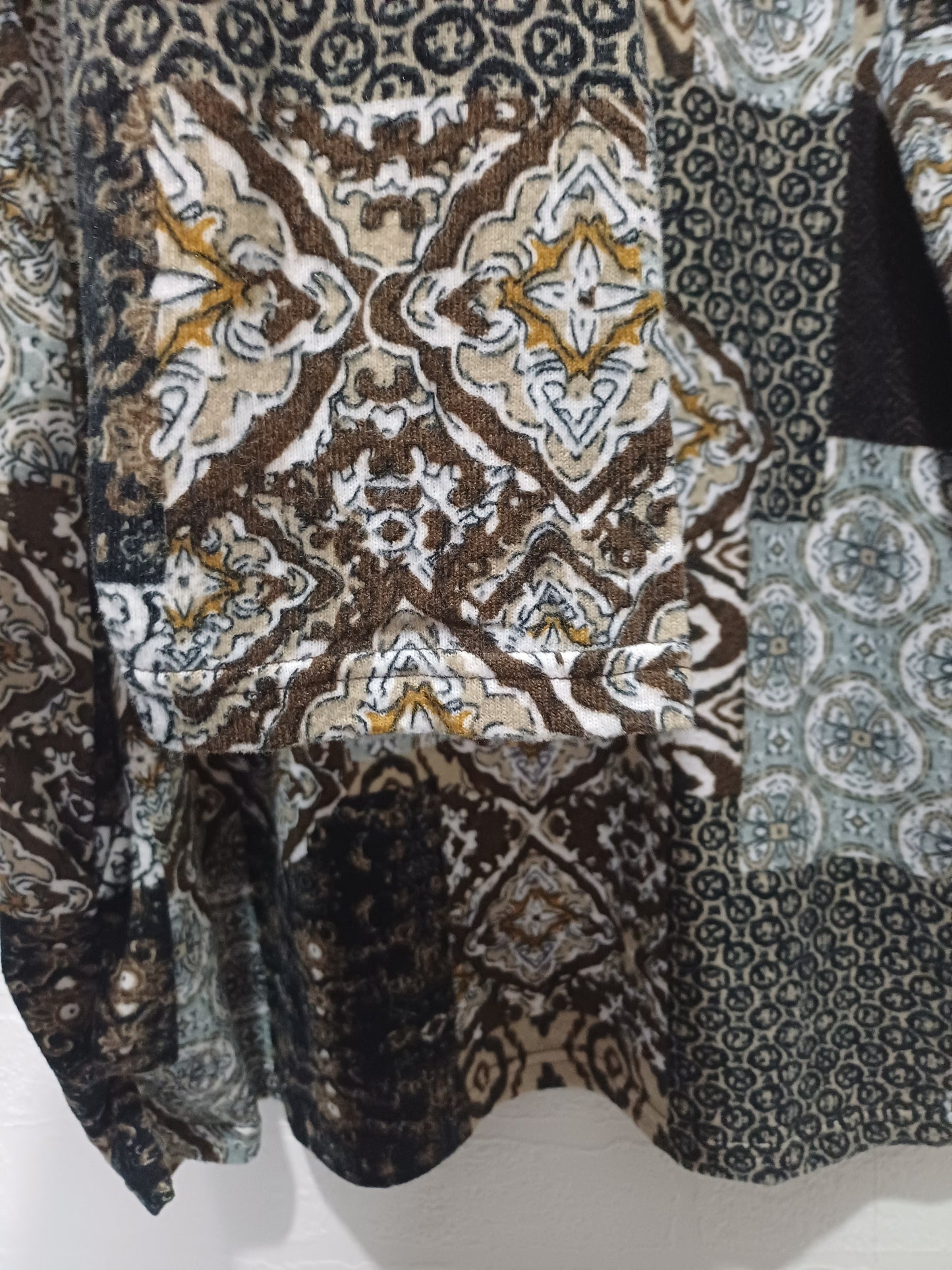 Women's Tunic Top Stella Morgan Brown Beige Patchwork Print Size XL Approx. 22" PTP - Very Good Condition