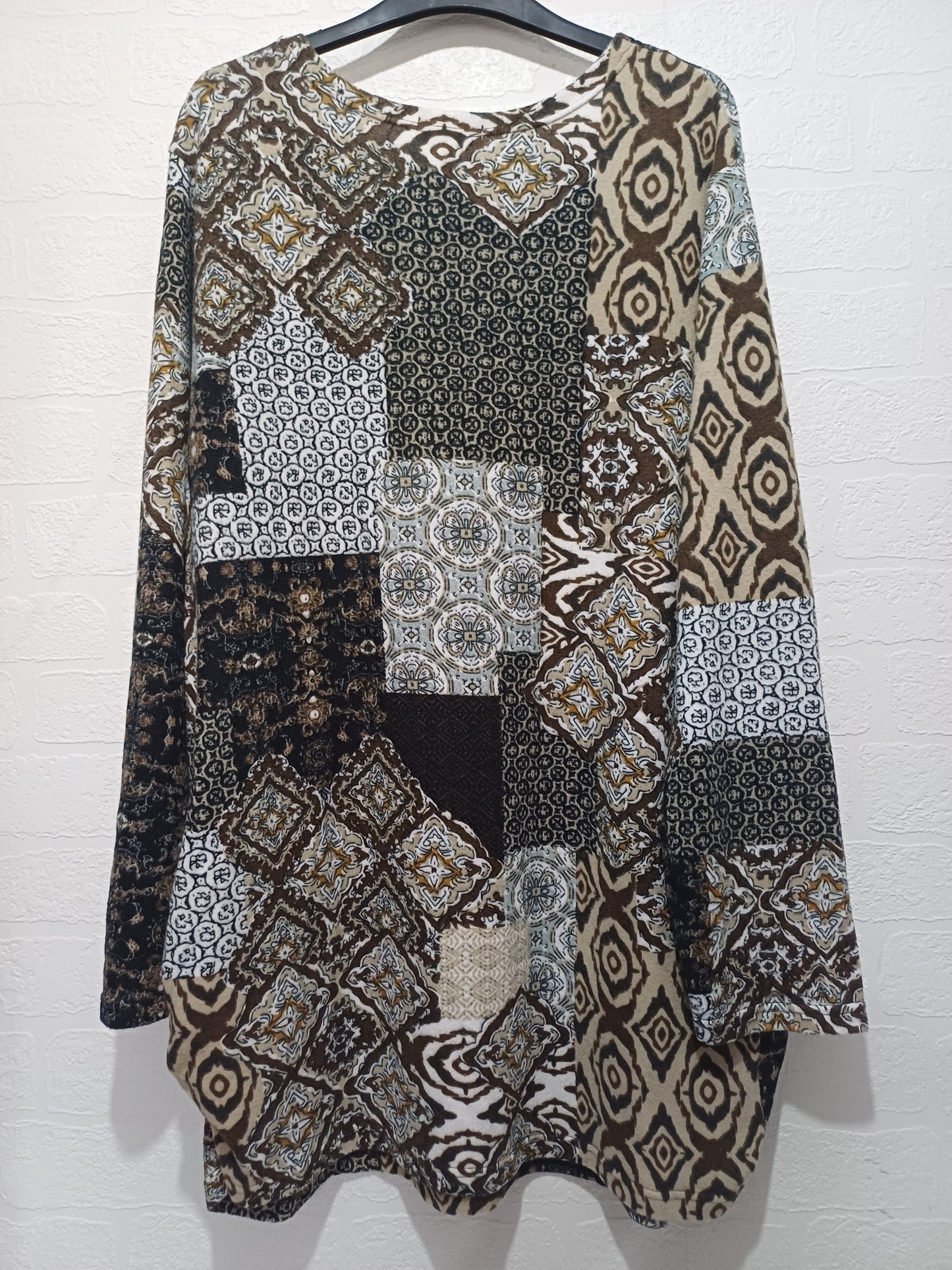 Women's Tunic Top Stella Morgan Brown Beige Patchwork Print Size XL Approx. 22" PTP - Very Good Condition