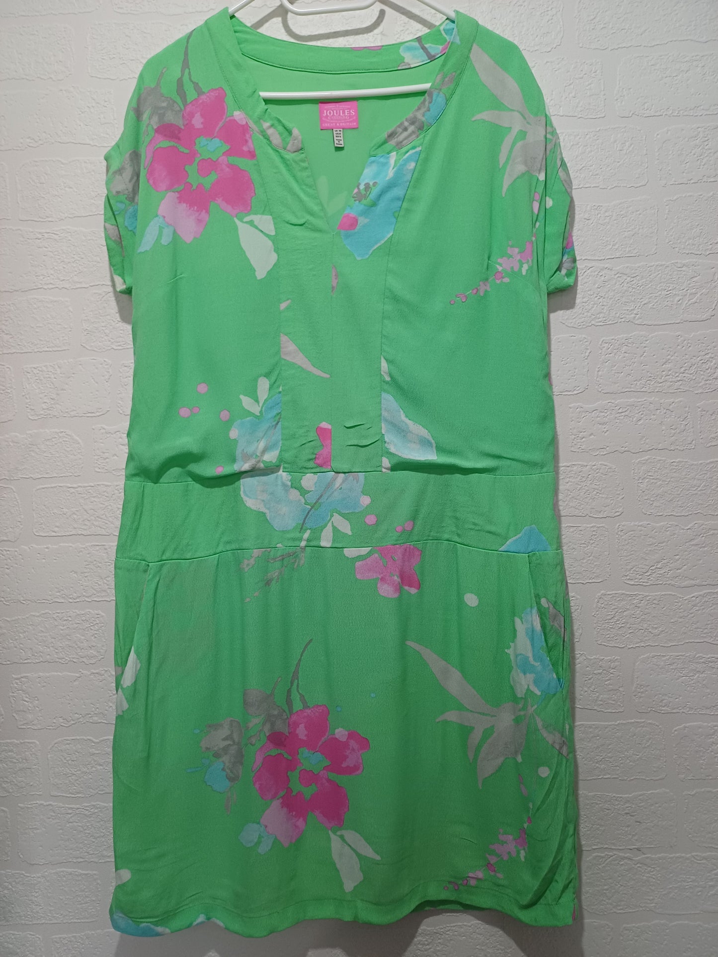 Women's Dress Joules Green Floral Shift Midi Viscose UK 10 Approx. 20" PTP - Very Good Condition