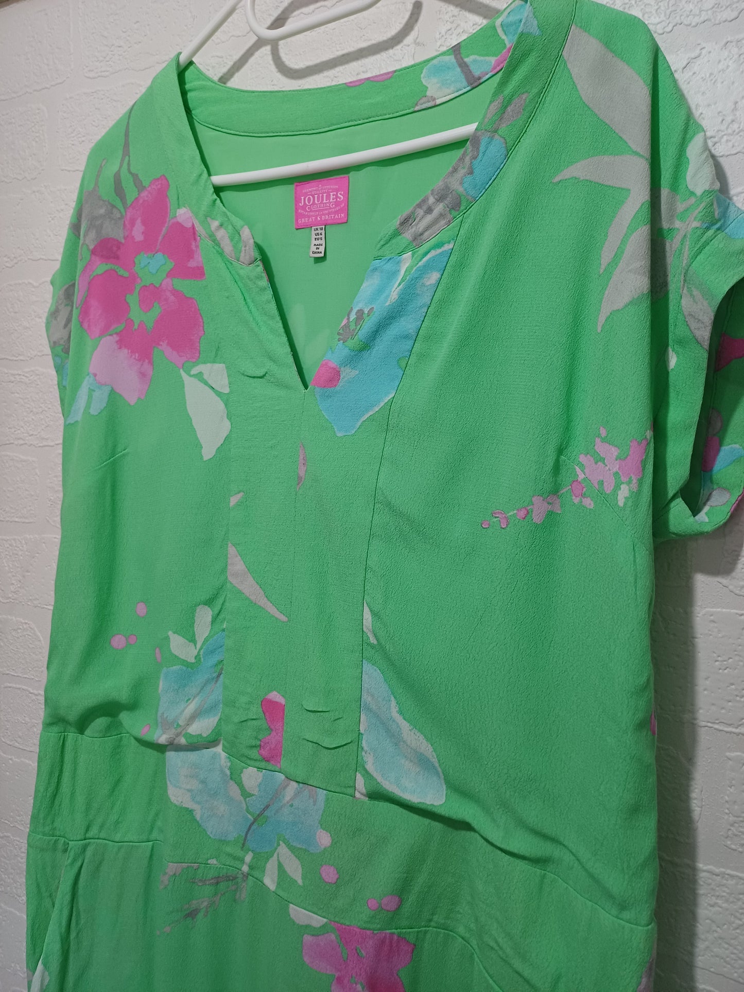 Women's Dress Joules Green Floral Shift Midi Viscose UK 10 Approx. 20" PTP - Very Good Condition