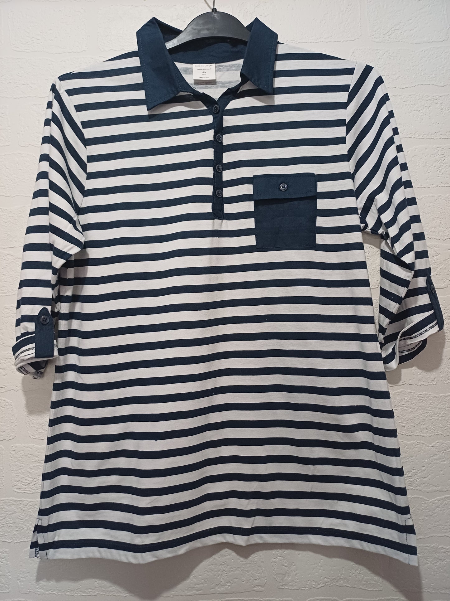 Women's Polo Top Anne De Lancay Navy Blue White Stripe Collared Size L Approx. 21" PTP - Very Good Condition