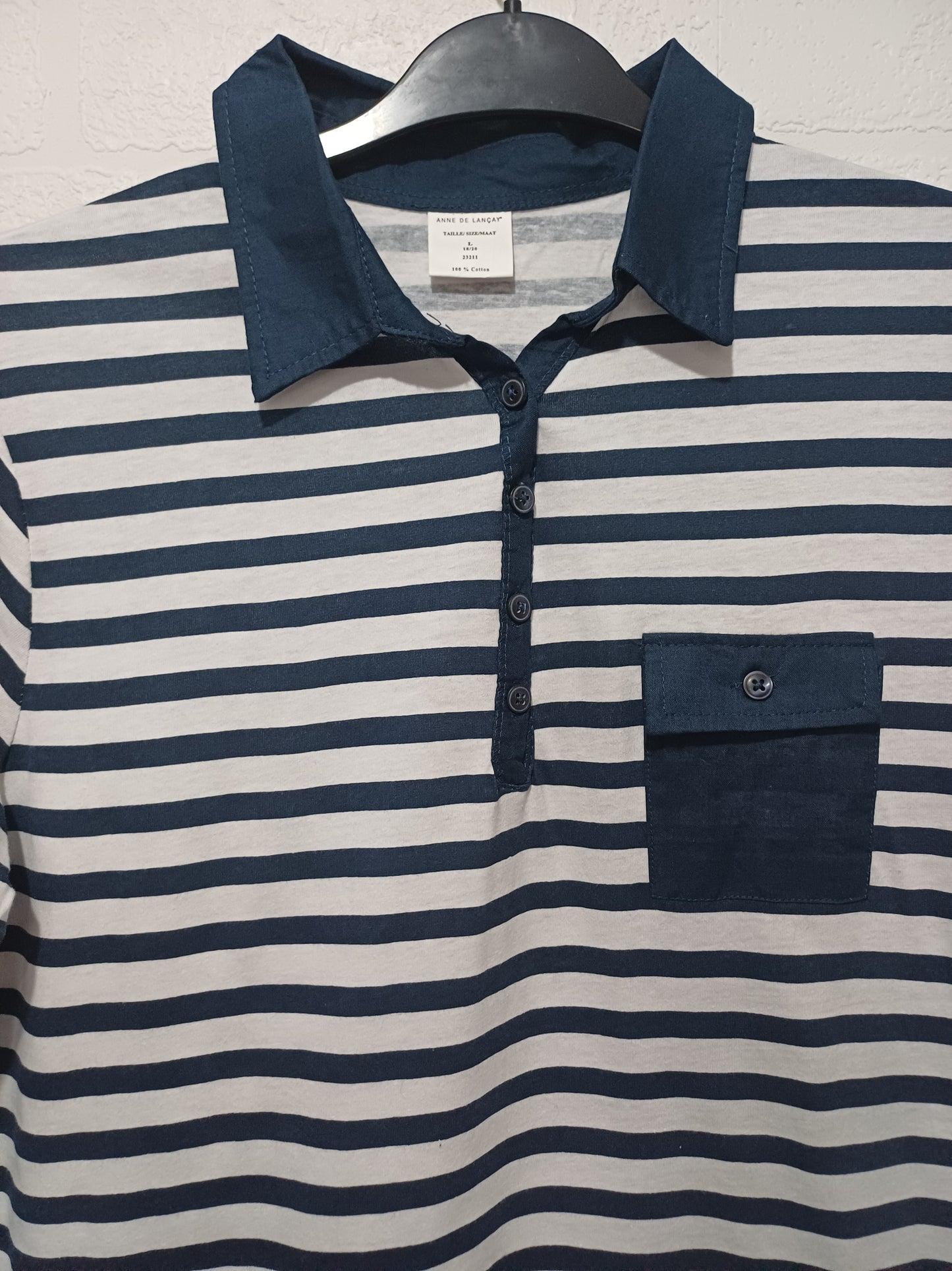 Women's Polo Top Anne De Lancay Navy Blue White Stripe Collared Size L Approx. 21" PTP - Very Good Condition