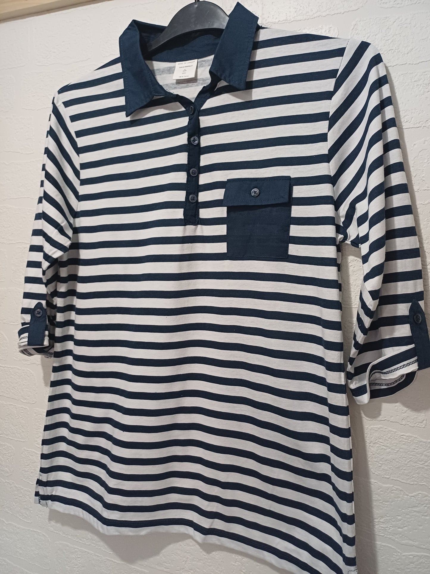 Women's Polo Top Anne De Lancay Navy Blue White Stripe Collared Size L Approx. 21" PTP - Very Good Condition
