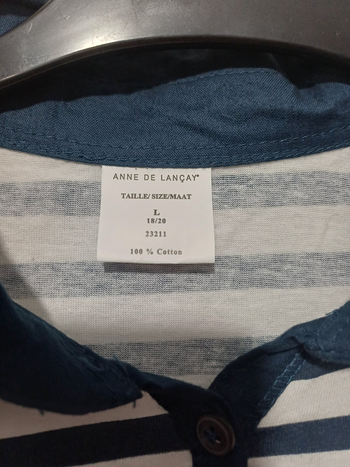 Women's Polo Top Anne De Lancay Navy Blue White Stripe Collared Size L Approx. 21" PTP - Very Good Condition