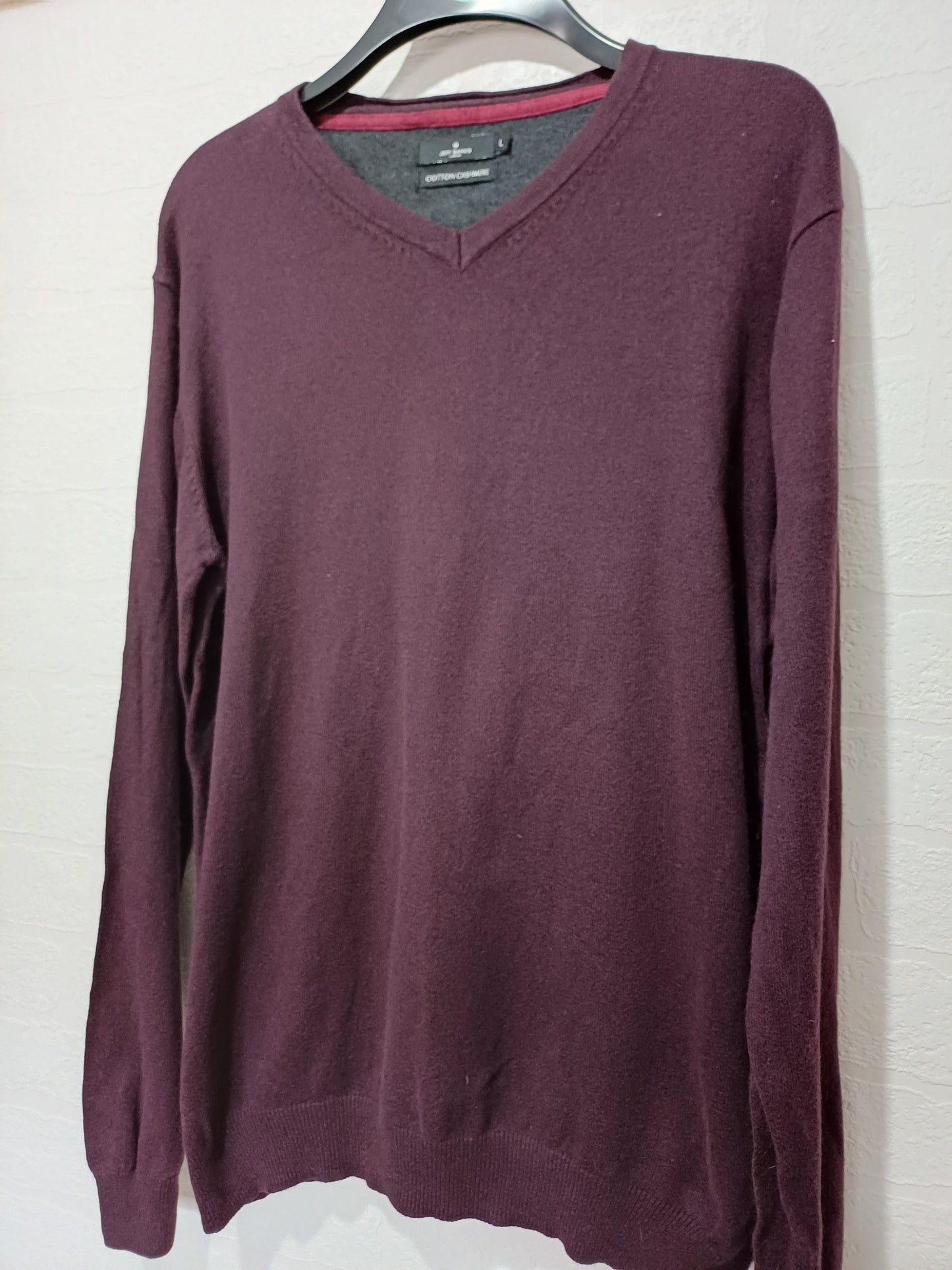 Men's Jumper Jeff Banks London Burgundy V-Neck Cotton Cashmere Size L - Very Good Condition