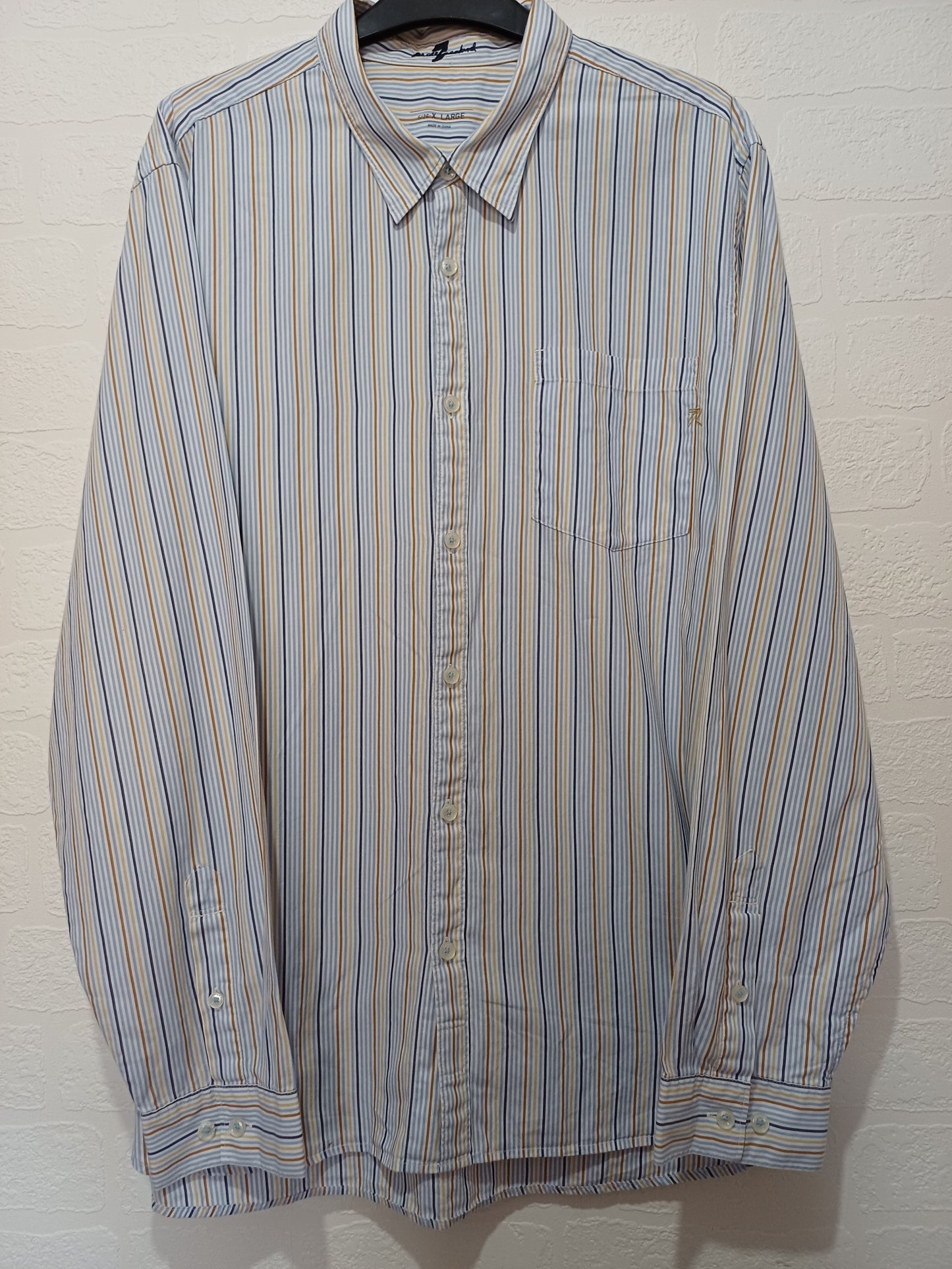 Men's Shirt 7 For All Mankind Light Blue Navy & Mustard Yellow Stripe XL - Very Good Condition