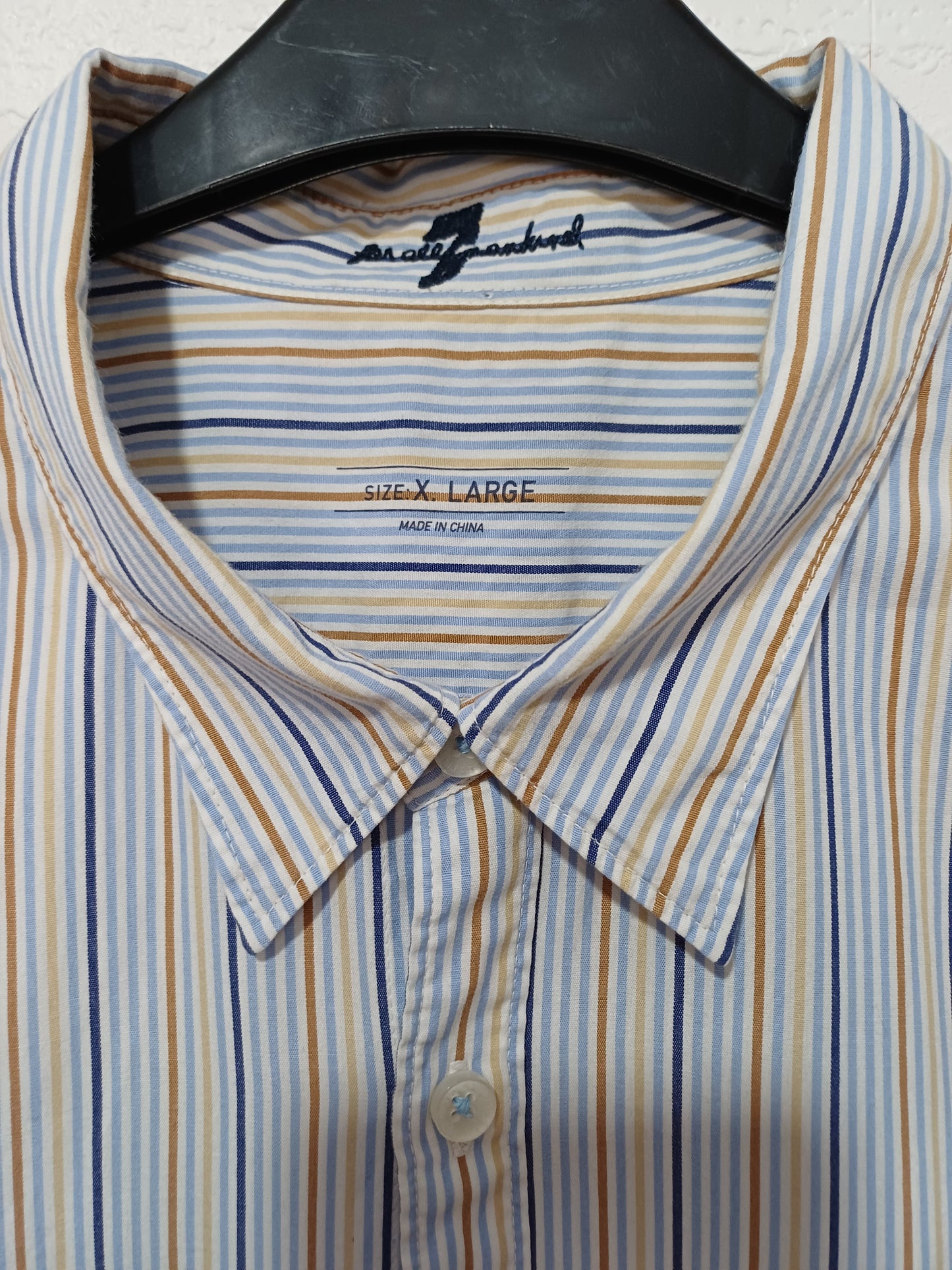 Men's Shirt 7 For All Mankind Light Blue Navy & Mustard Yellow Stripe XL - Very Good Condition