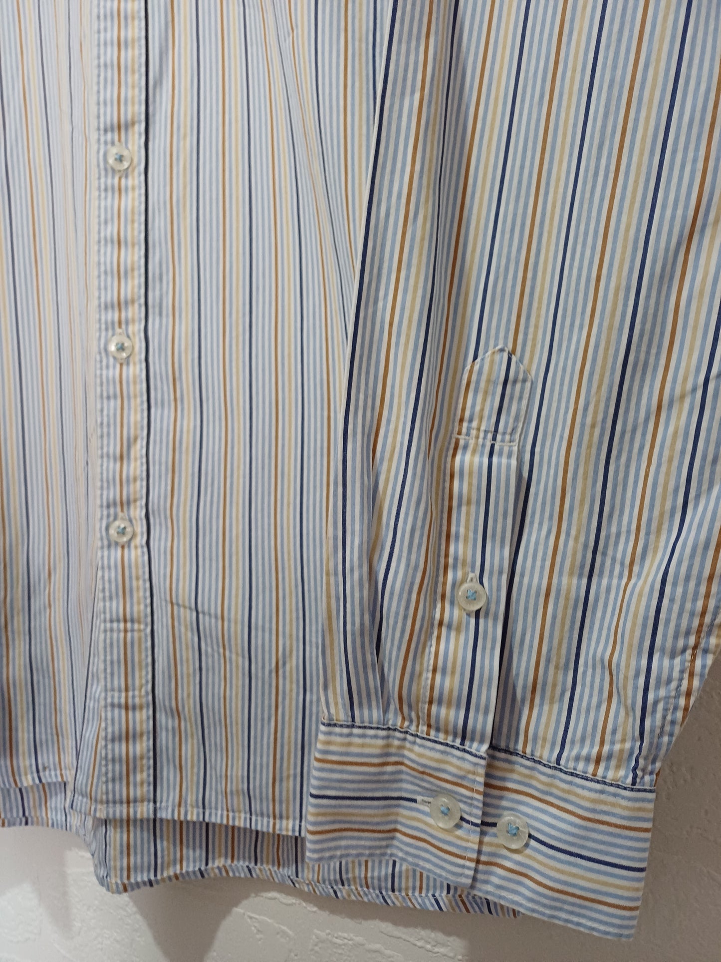 Men's Shirt 7 For All Mankind Light Blue Navy & Mustard Yellow Stripe XL - Very Good Condition