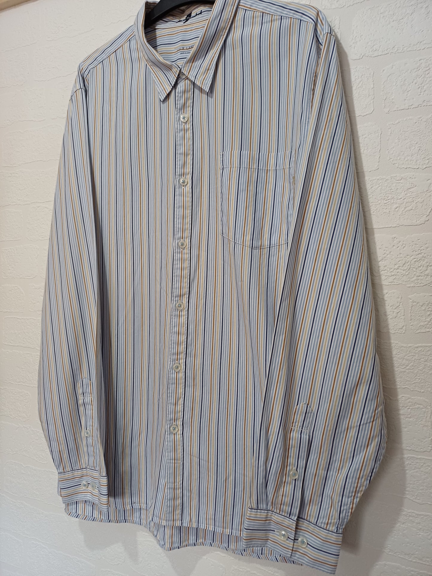 Men's Shirt 7 For All Mankind Light Blue Navy & Mustard Yellow Stripe XL - Very Good Condition