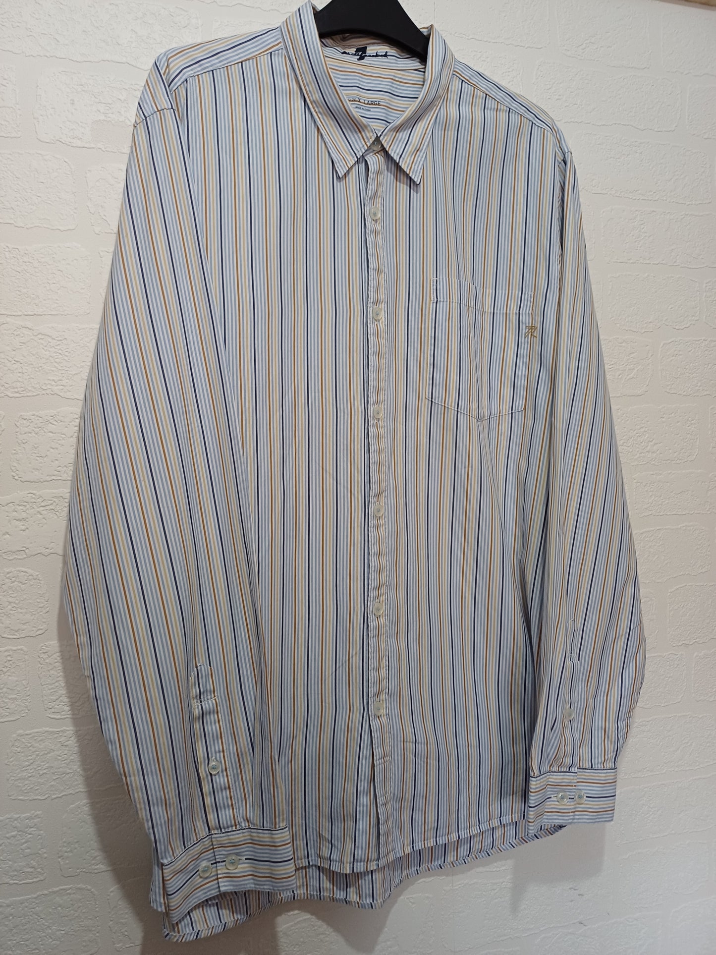 Men's Shirt 7 For All Mankind Light Blue Navy & Mustard Yellow Stripe XL - Very Good Condition