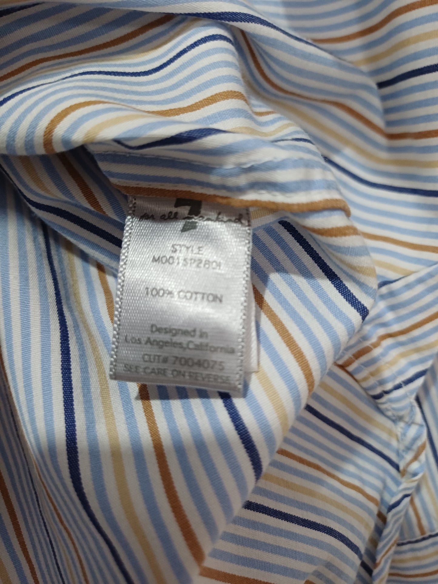 Men's Shirt 7 For All Mankind Light Blue Navy & Mustard Yellow Stripe XL - Very Good Condition