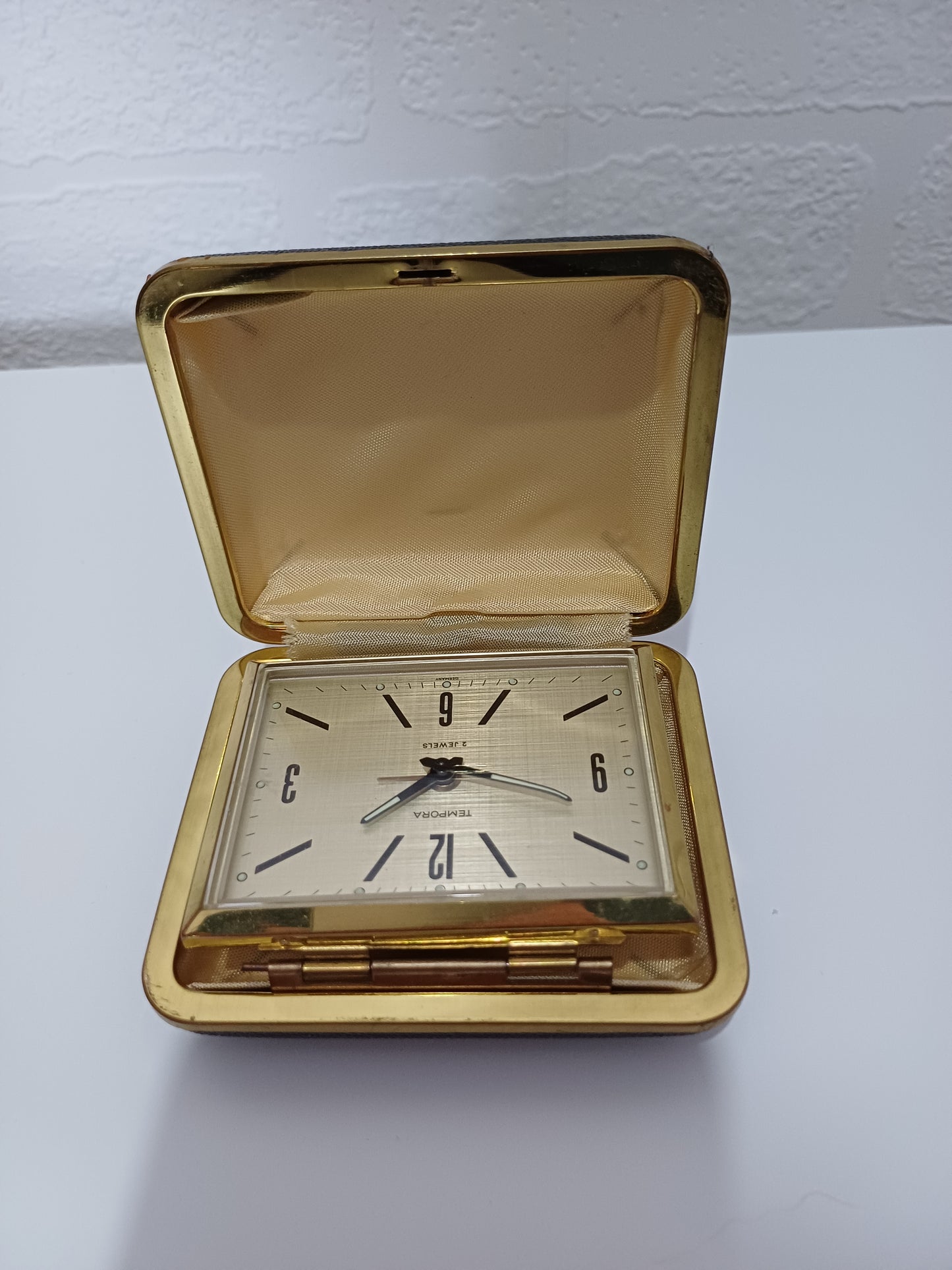 Vintage Tempora Folding Travel Alarm Clock Gold Tone 2 Jewels Movement Made in Germany - Very Good Vintage Condition
