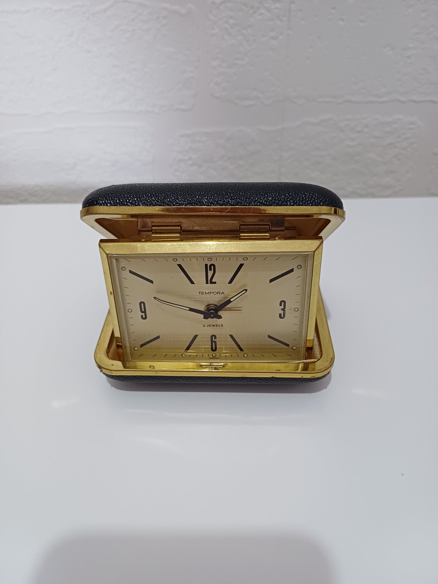 Vintage Tempora Folding Travel Alarm Clock Gold Tone 2 Jewels Movement Made in Germany - Very Good Vintage Condition